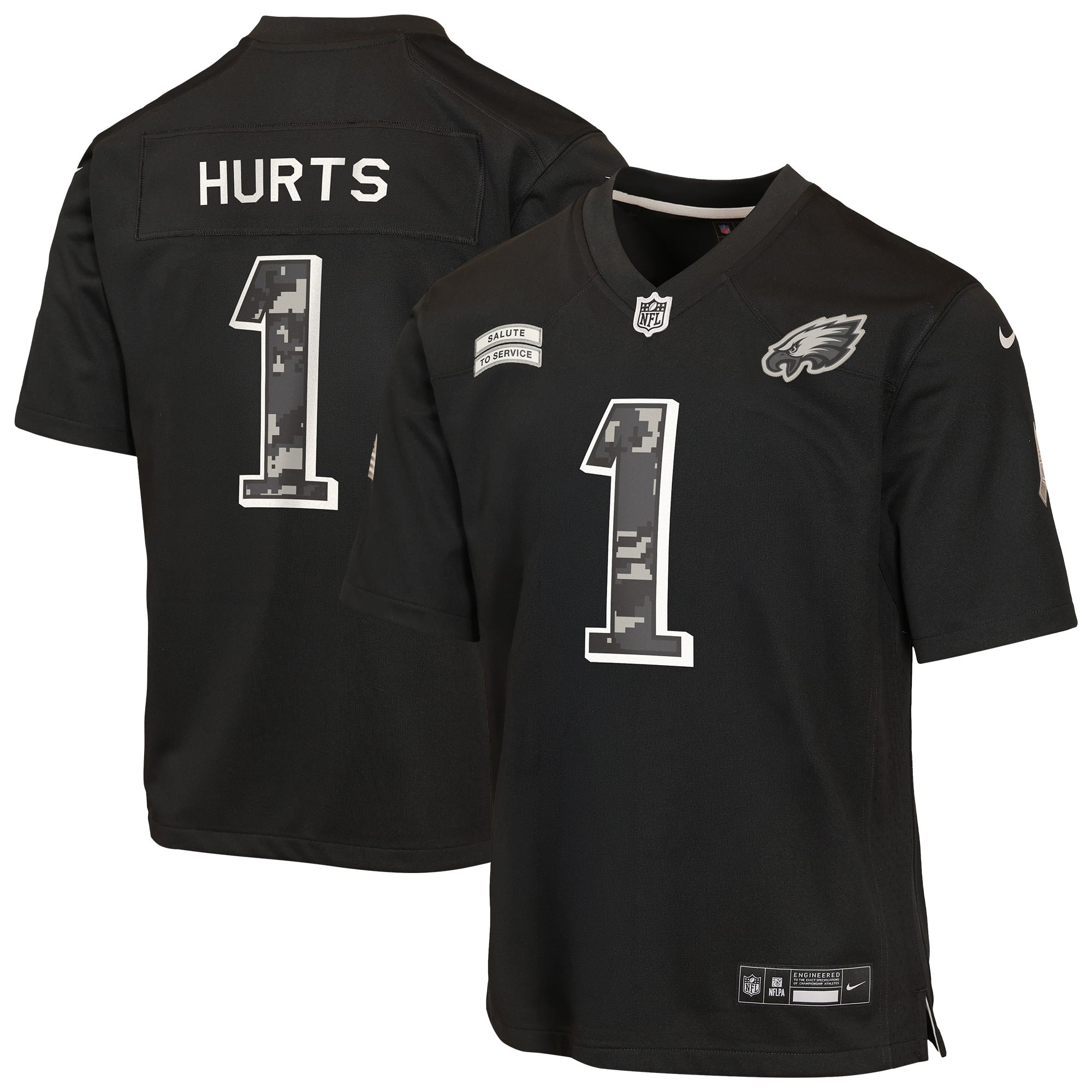 Maillot Nike Jalen Hurts noir pour enfant, Philadelphia Eagles, édition spéciale 2026 « Salute to Service ».