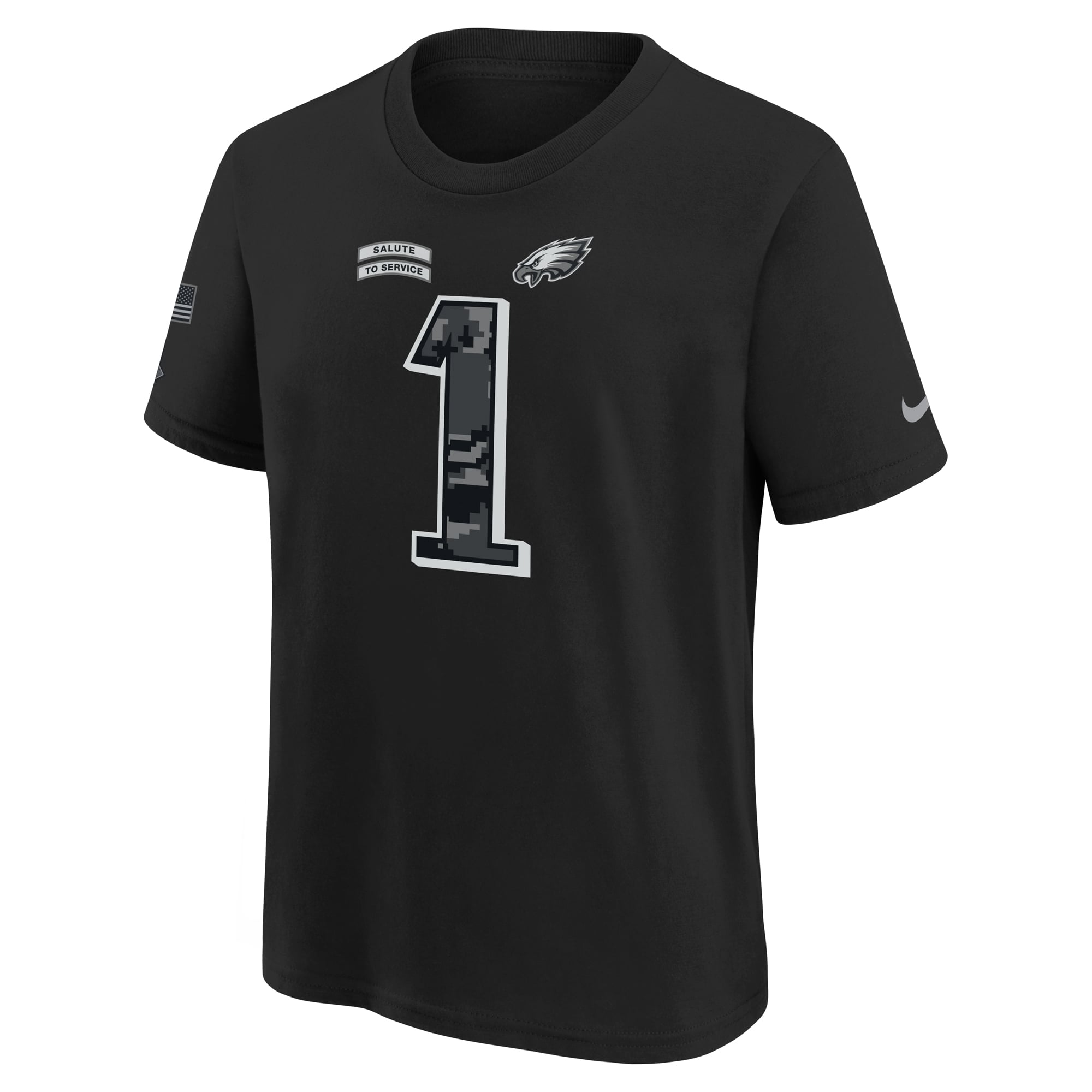 T-shirt Nike Jalen Hurts noir pour enfant, Philadelphia Eagles 2026, hommage au service militaire, nom et numéro