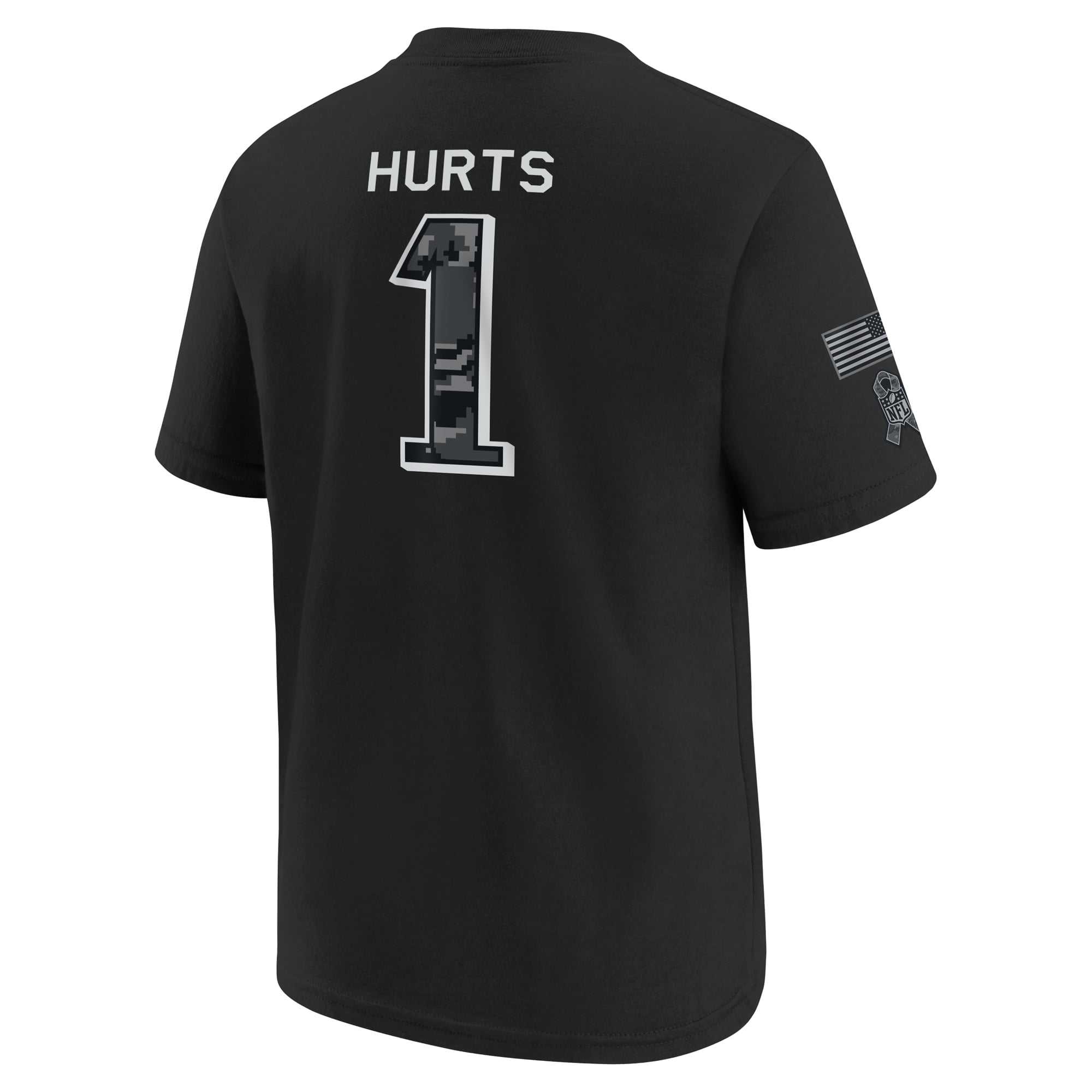 T-shirt Nike Jalen Hurts noir pour enfant, Philadelphia Eagles 2026, hommage au service militaire, nom et numéro