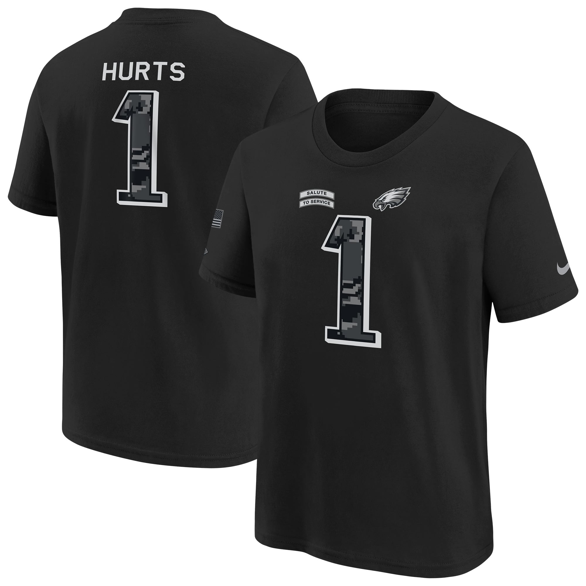 T-shirt Nike Jalen Hurts noir pour enfant, Philadelphia Eagles 2026, hommage au service militaire, nom et numéro