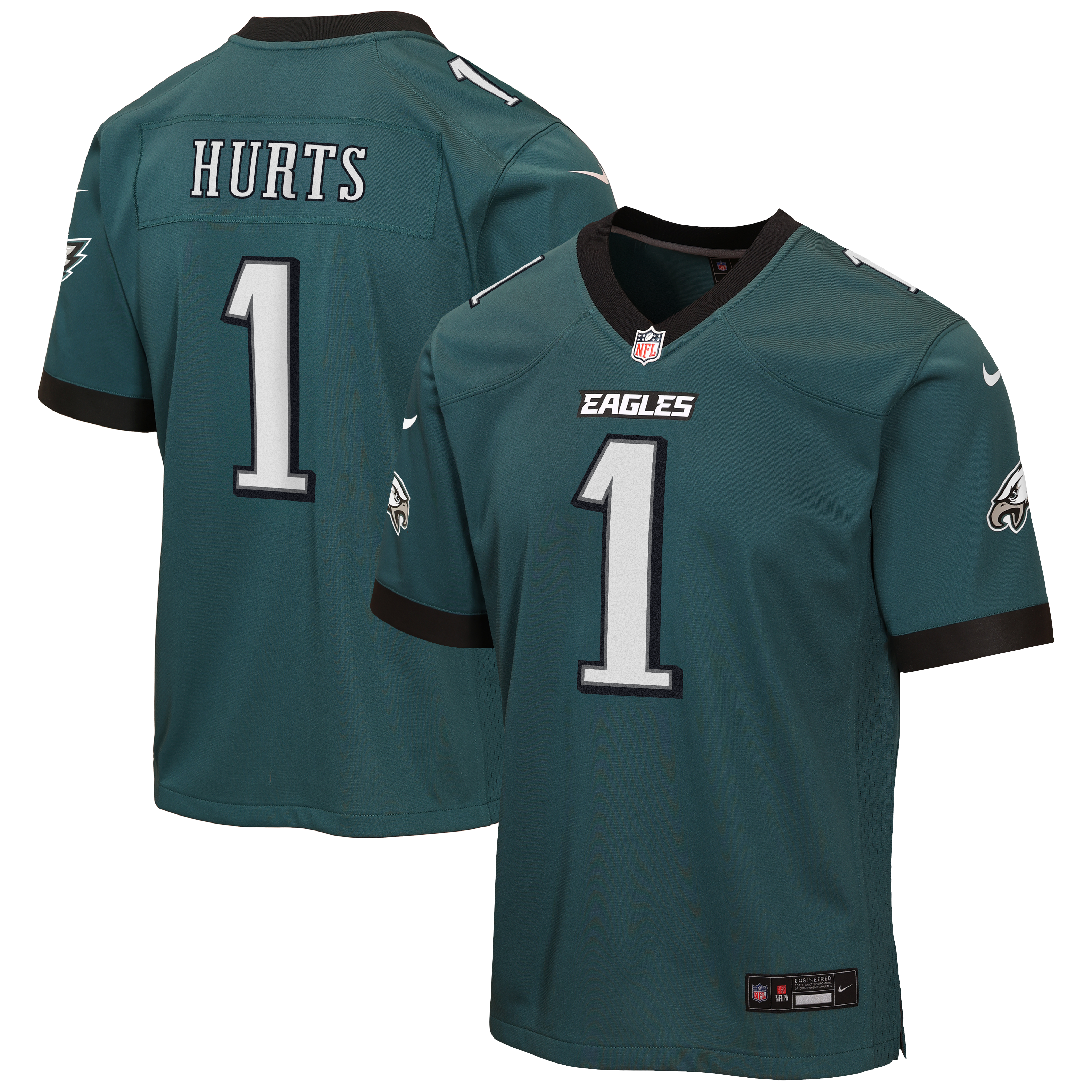 Maillot de match Nike Jalen Hurts vert nuit pour enfant, Philadelphia Eagles, l'équipe des Eagles Philadelphie.