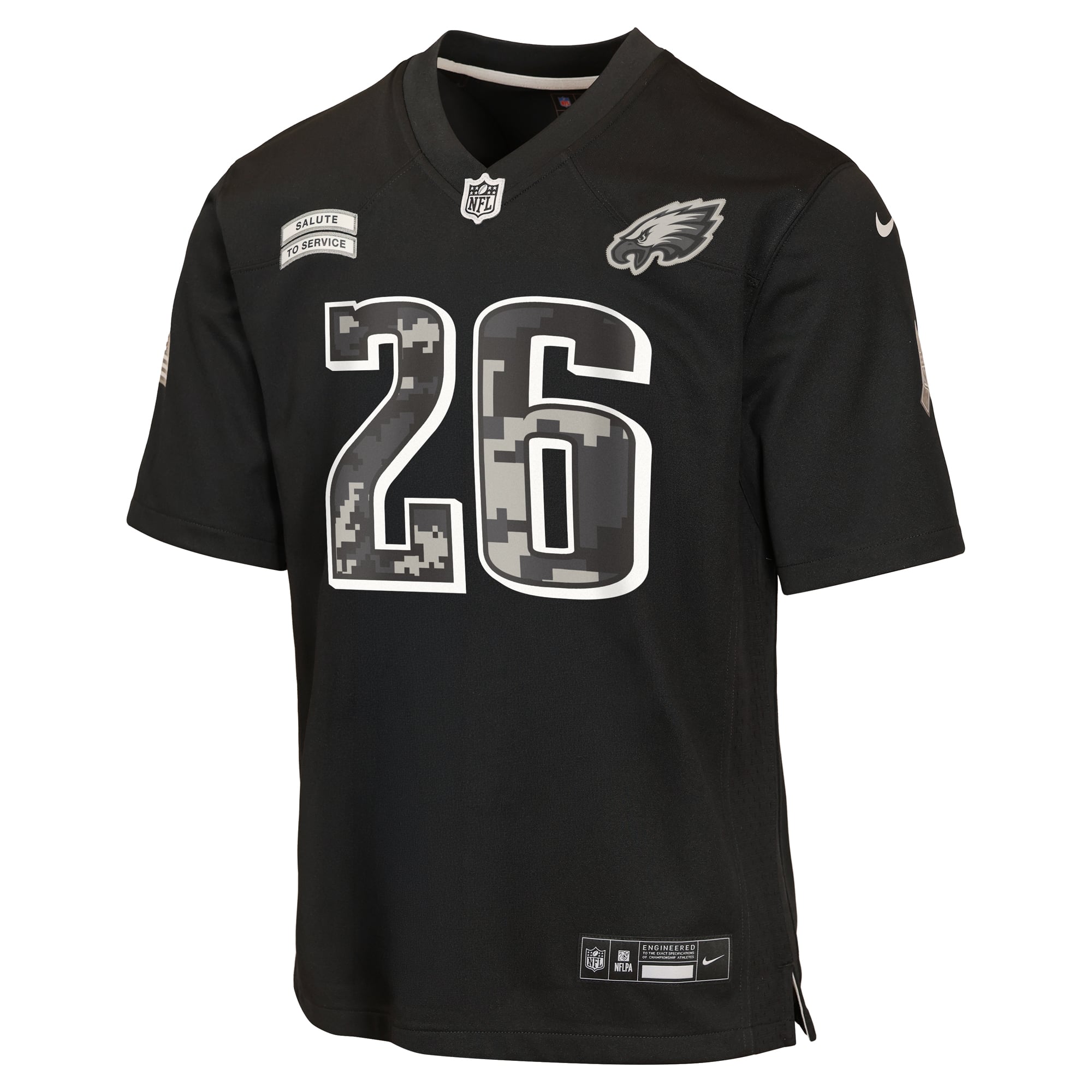 Maillot Nike Saquon Barkley noir pour enfant, Philadelphia Eagles, édition spéciale 2026 « Salute to Service ».