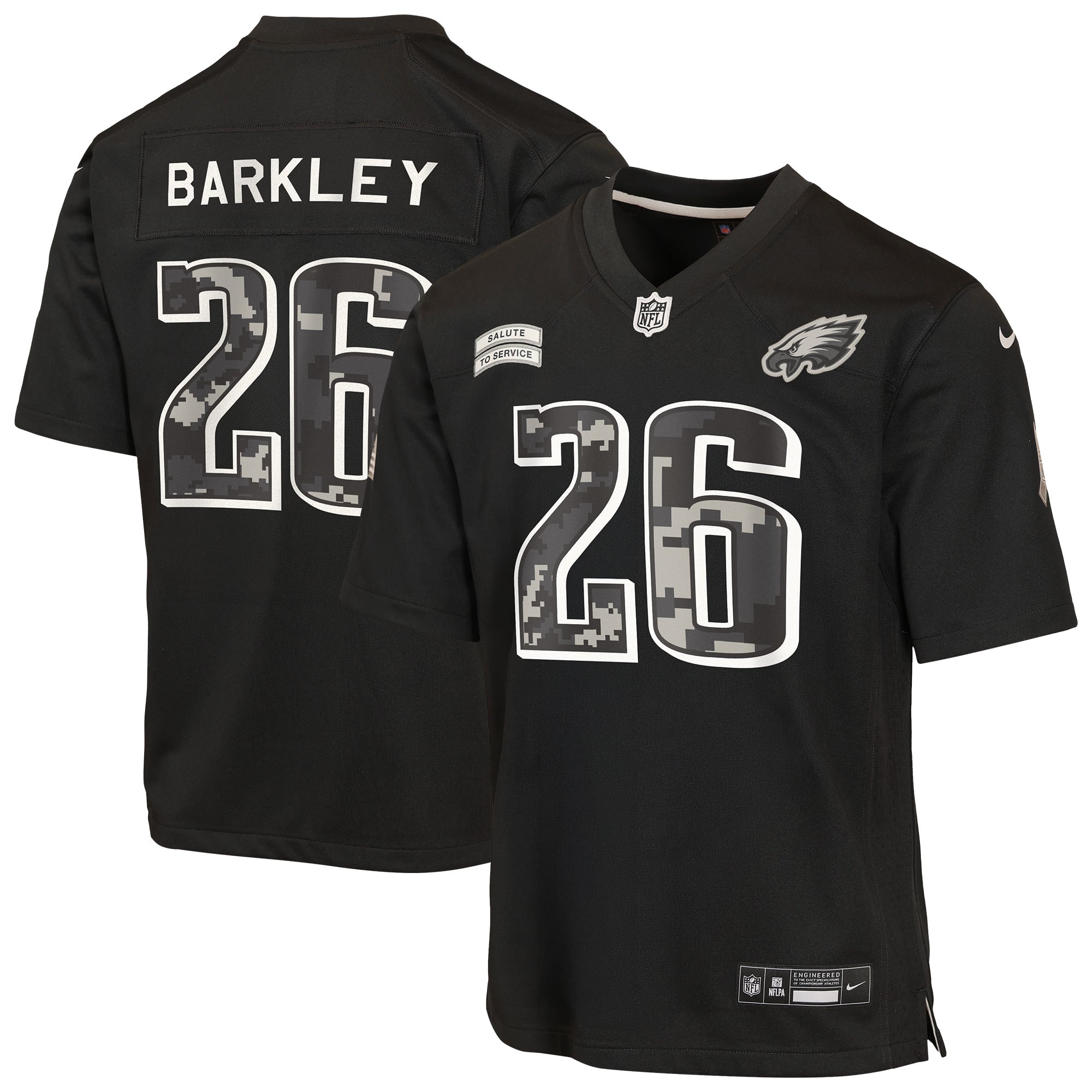 Maillot Nike Saquon Barkley noir pour enfant, Philadelphia Eagles, édition spéciale 2026 « Salute to Service ».