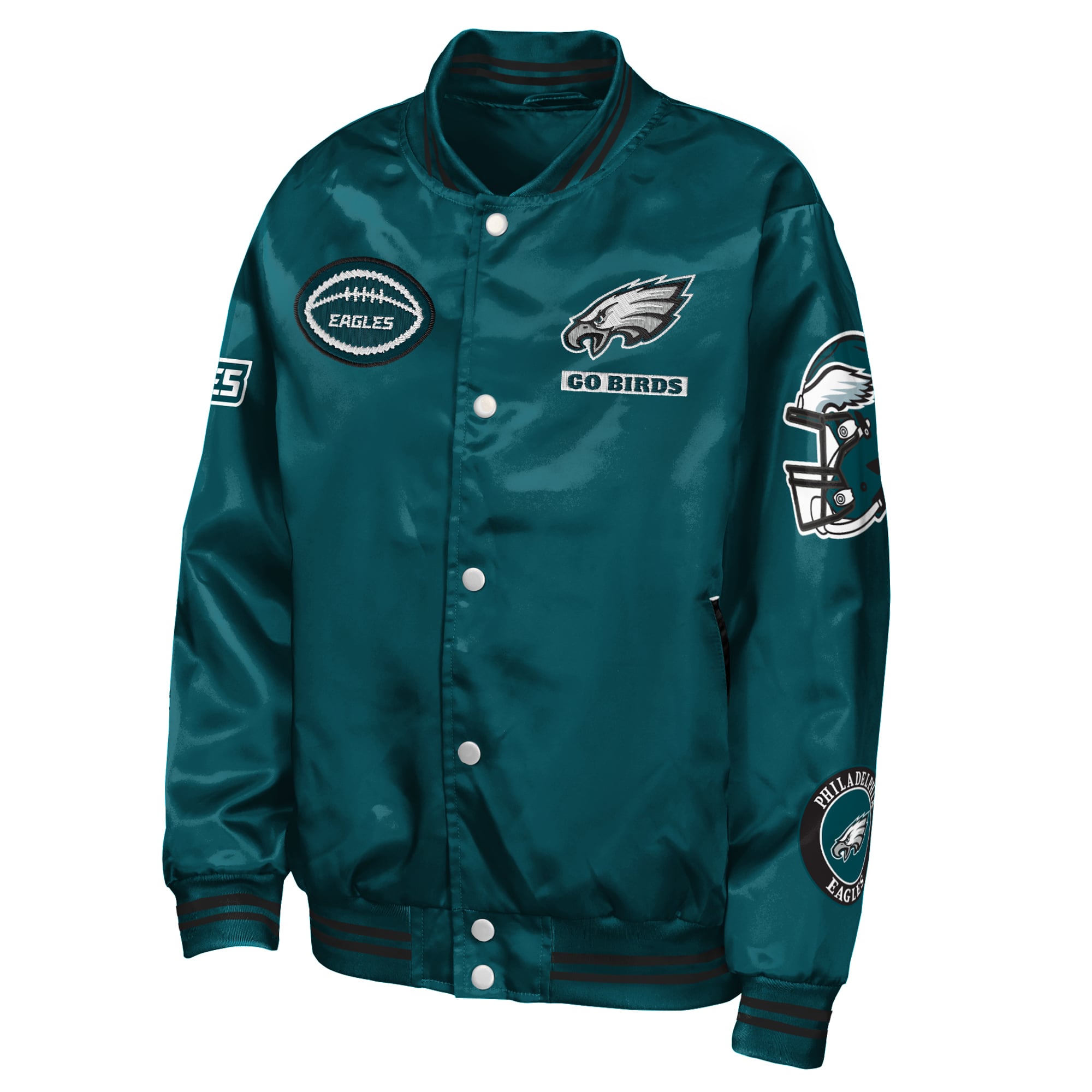 Veste universitaire Youth Outerstuff Midnight Green Philadelphia Eagles Grid Runner en satin avec écusson