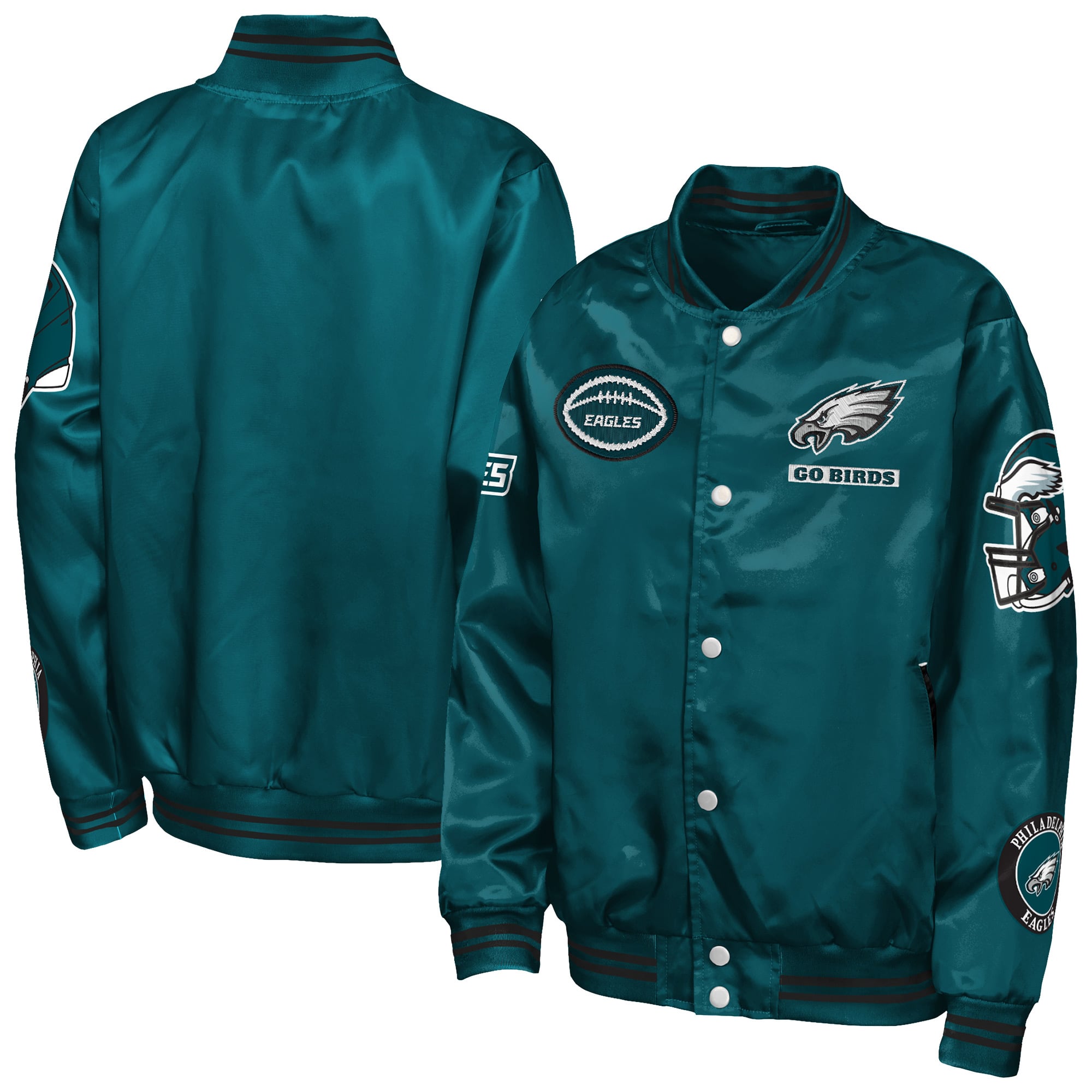 Veste universitaire Youth Outerstuff Midnight Green Philadelphia Eagles Grid Runner en satin avec écusson