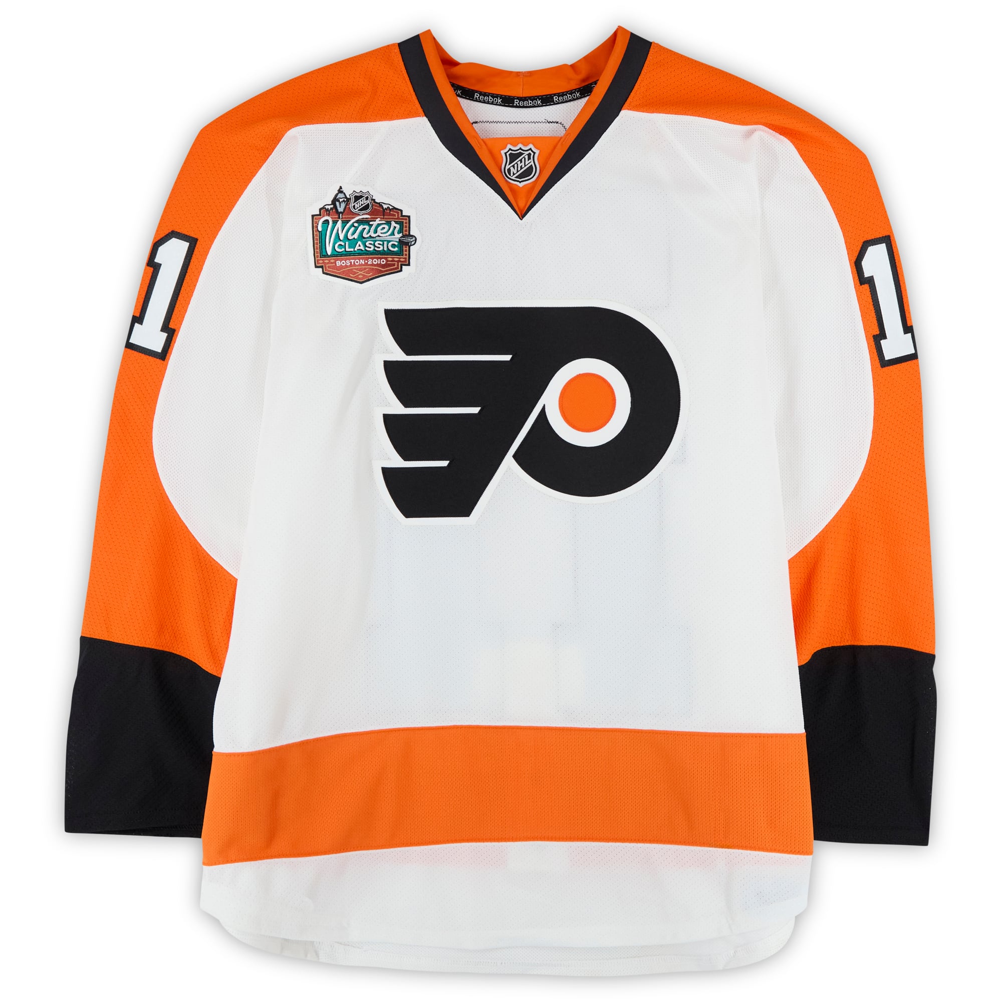 Maillot blanc n° 11 porté à l'entraînement par Blair Betts des Flyers de Philadelphie contre les Bruins de Boston le 1er janvier 2010