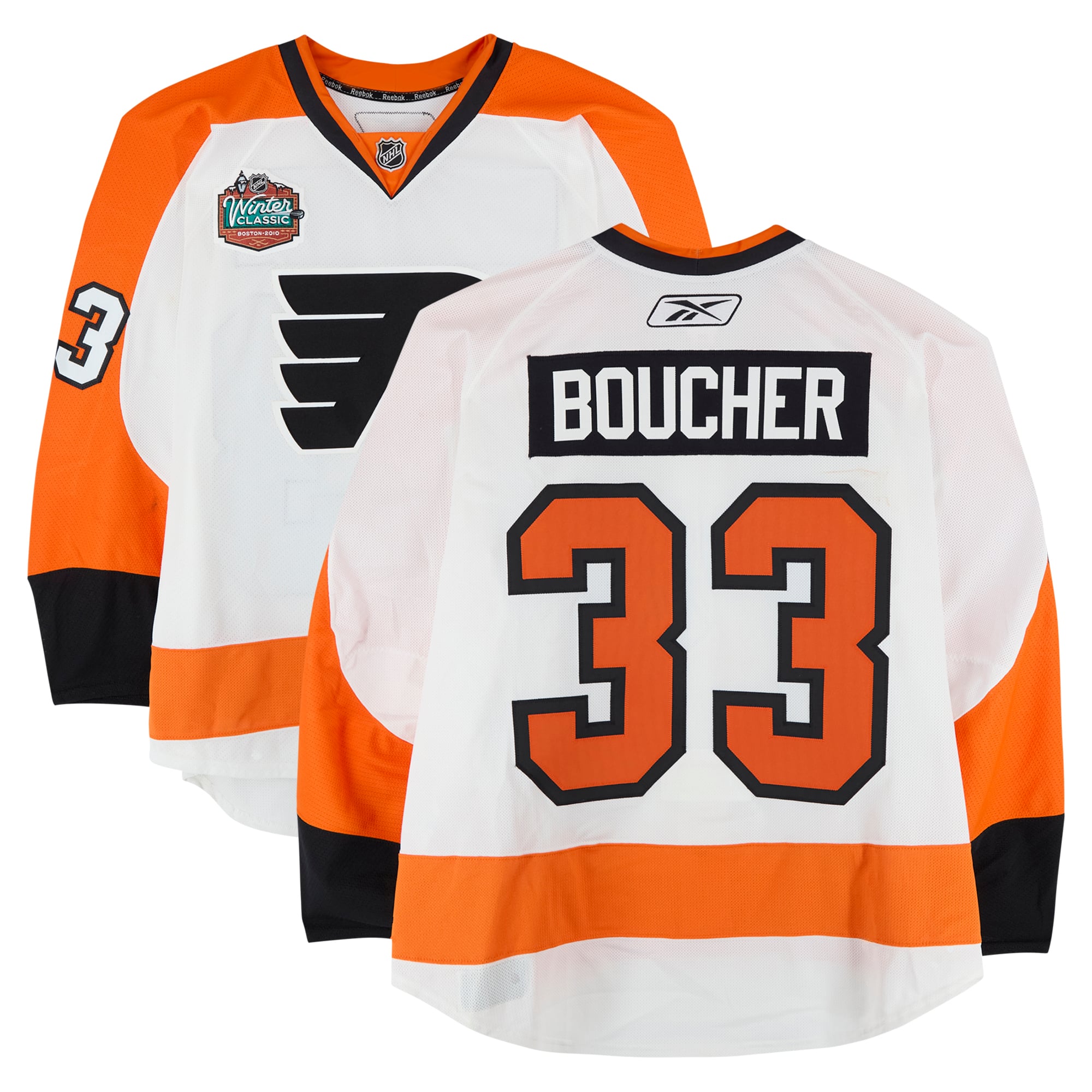 Maillot blanc n° 33 de Brian Boucher, porté à l'entraînement par les Flyers de Philadelphie contre les Bruins de Boston le 1er janvier 2010