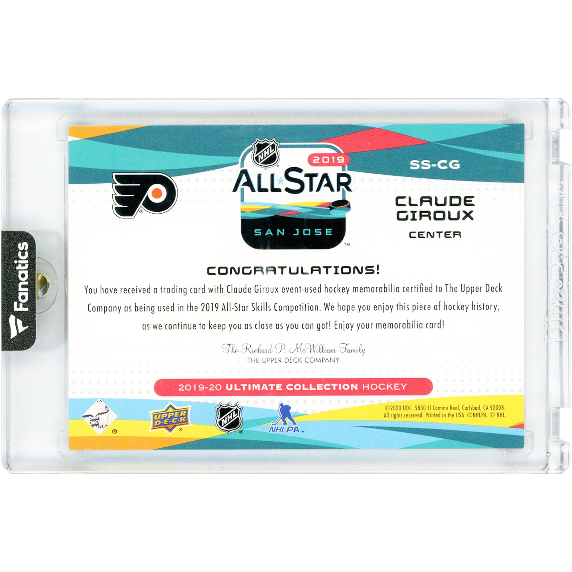 Carte Claude Giroux Philadelphia Flyers 2019-20 Upper Deck Ultimate All Star Game NHL Shield Relic #SS-CG #1/1