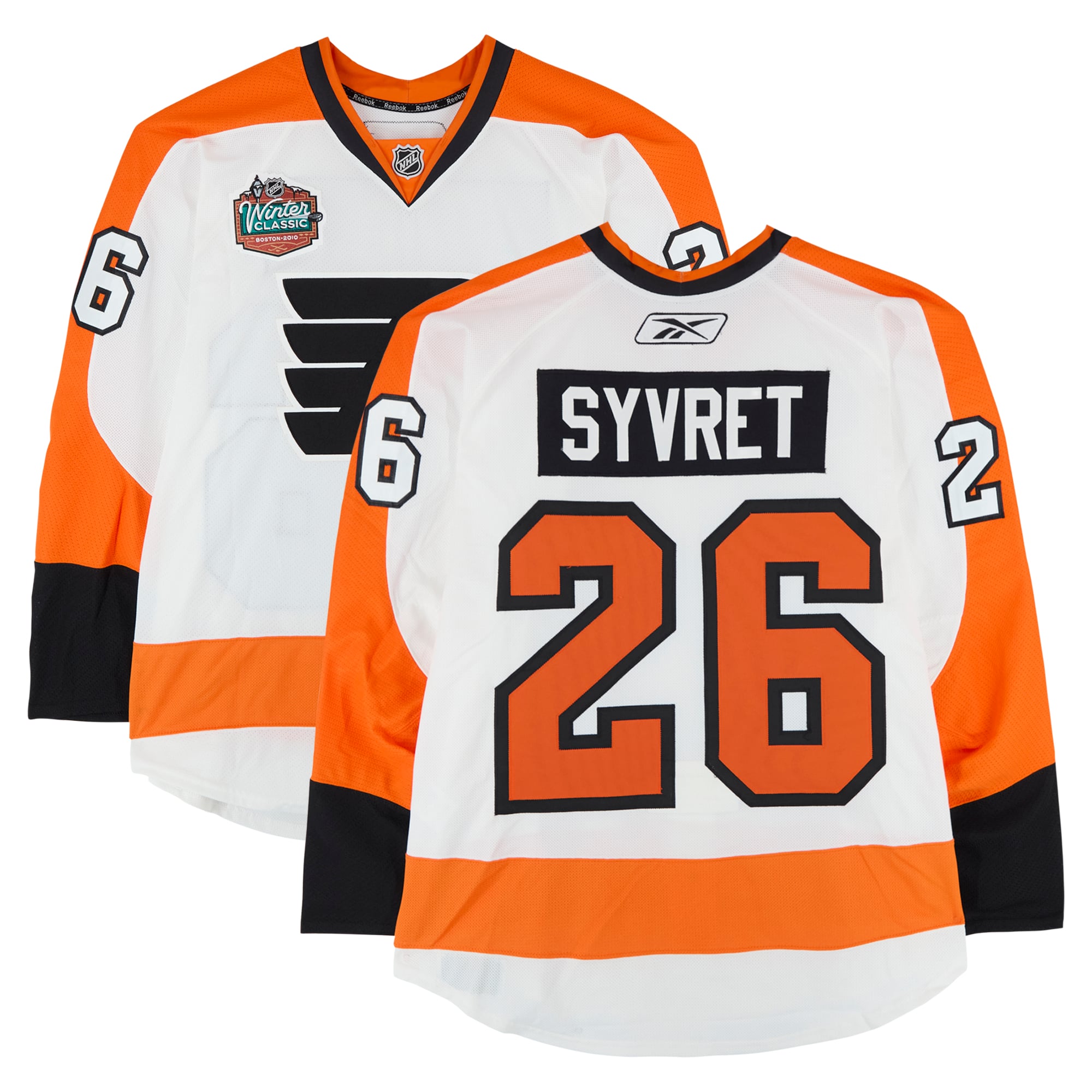 Maillot blanc n° 26 porté par Danny Syvret des Flyers de Philadelphie lors du match d'entraînement contre les Bruins de Boston le 1er janvier 2010