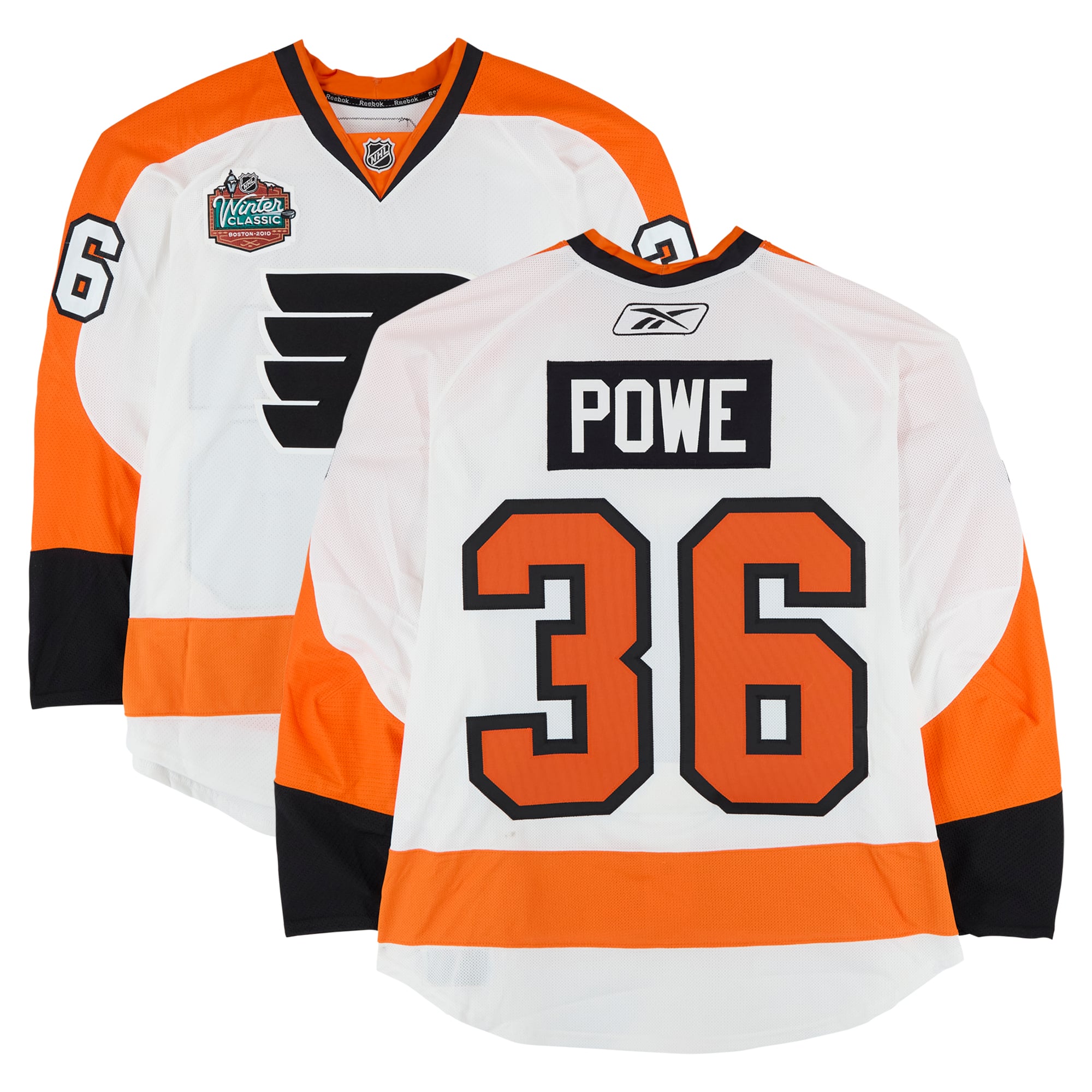 Maillot blanc n° 36 porté à l'entraînement par Darroll Powe (Flyers de Philadelphie) lors du match contre les Bruins de Boston le 1er janvier 2010