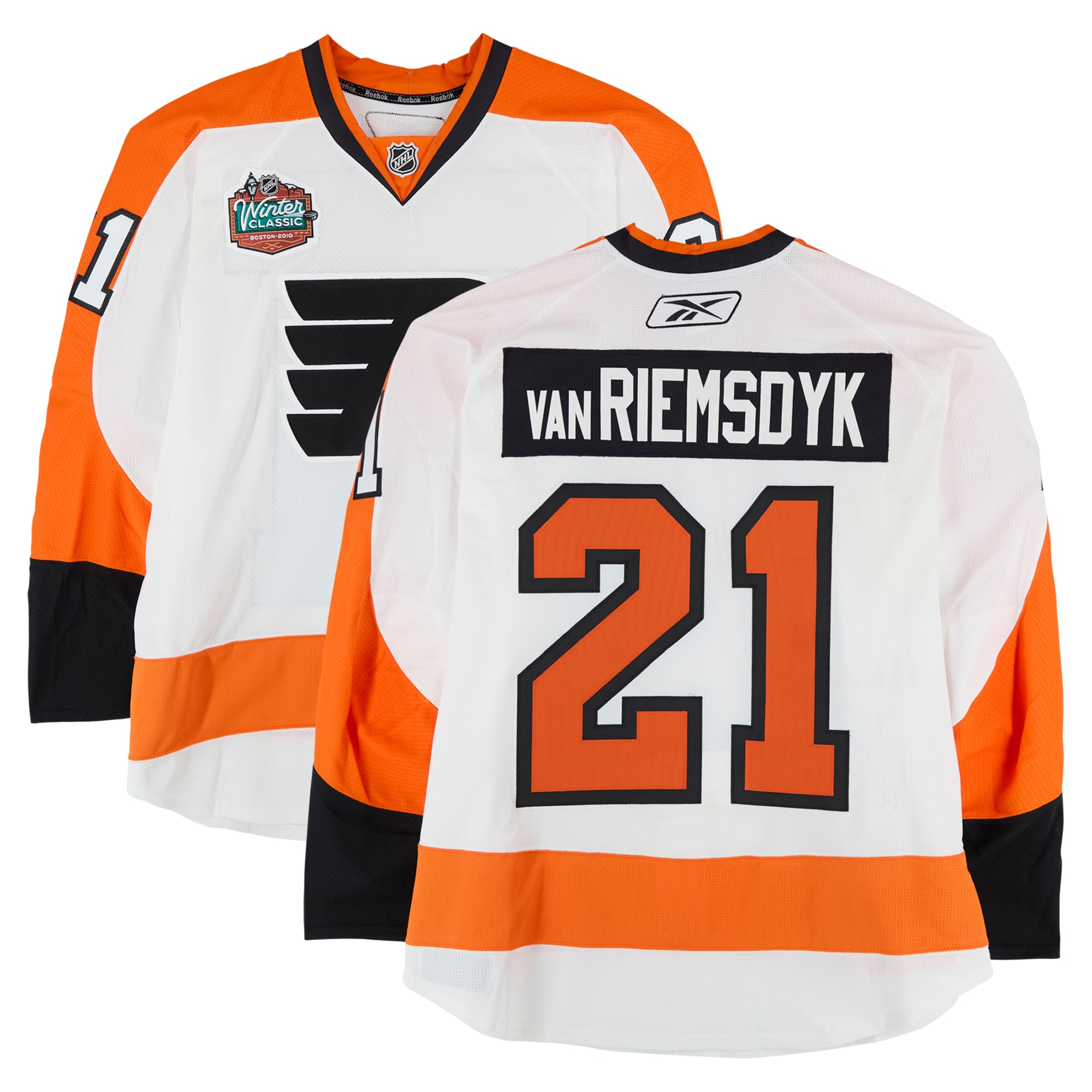 Maillot blanc n° 21 de James van Riemsdyk, utilisé à l'entraînement par les Flyers de Philadelphie contre les Bruins de Boston le 1er janvier 2010