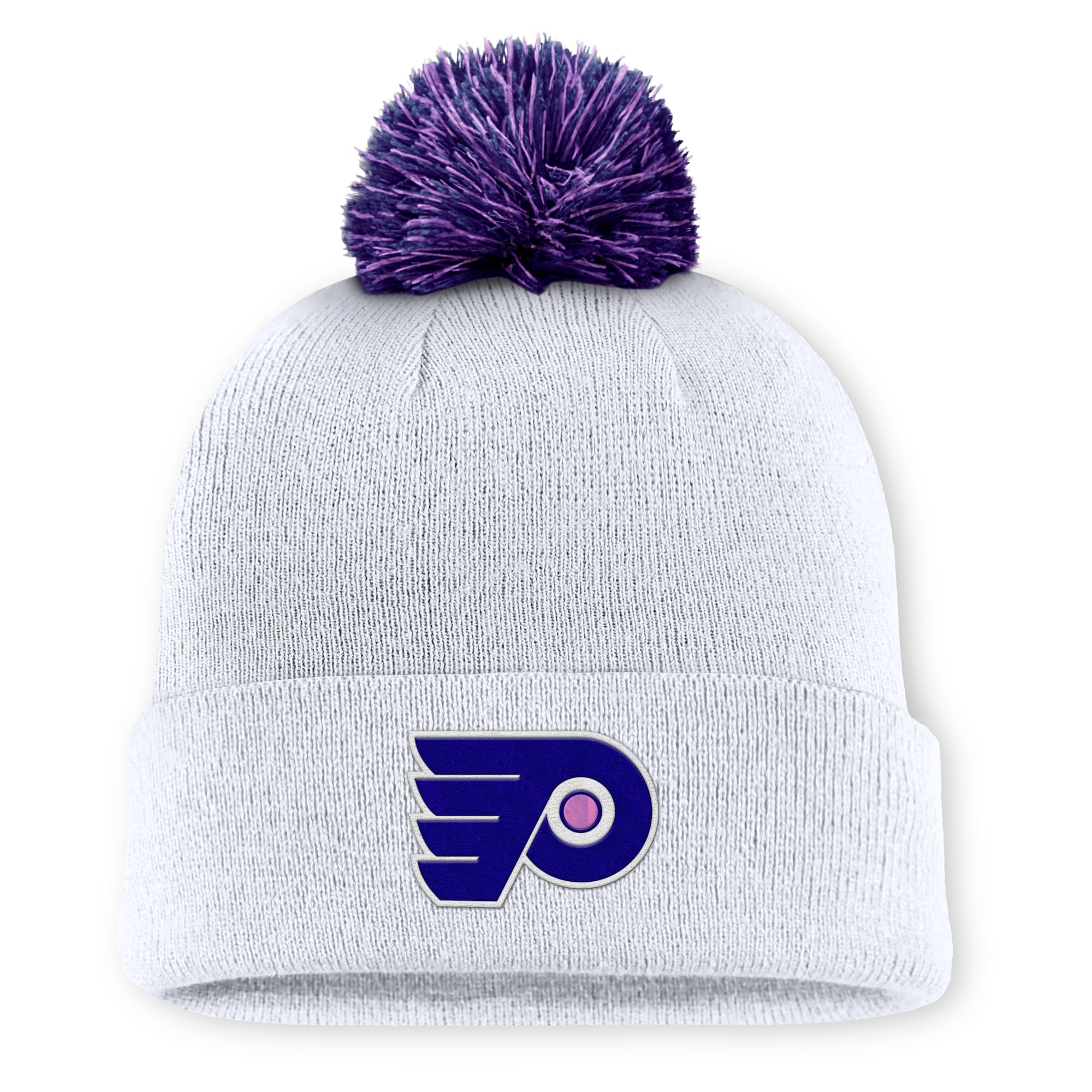 Men's Fanatics White Philadelphia Flyers Authentic Pro Hockey Fights Cancer Cuffed Knit Hat with Pom