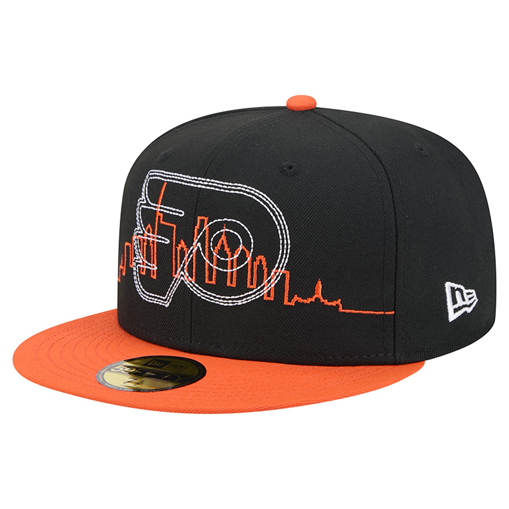 Casquette ajustée New Era 59FIFTY pour homme, noire et orange, avec logo des Flyers de Philadelphie surpiqûres décoratives.