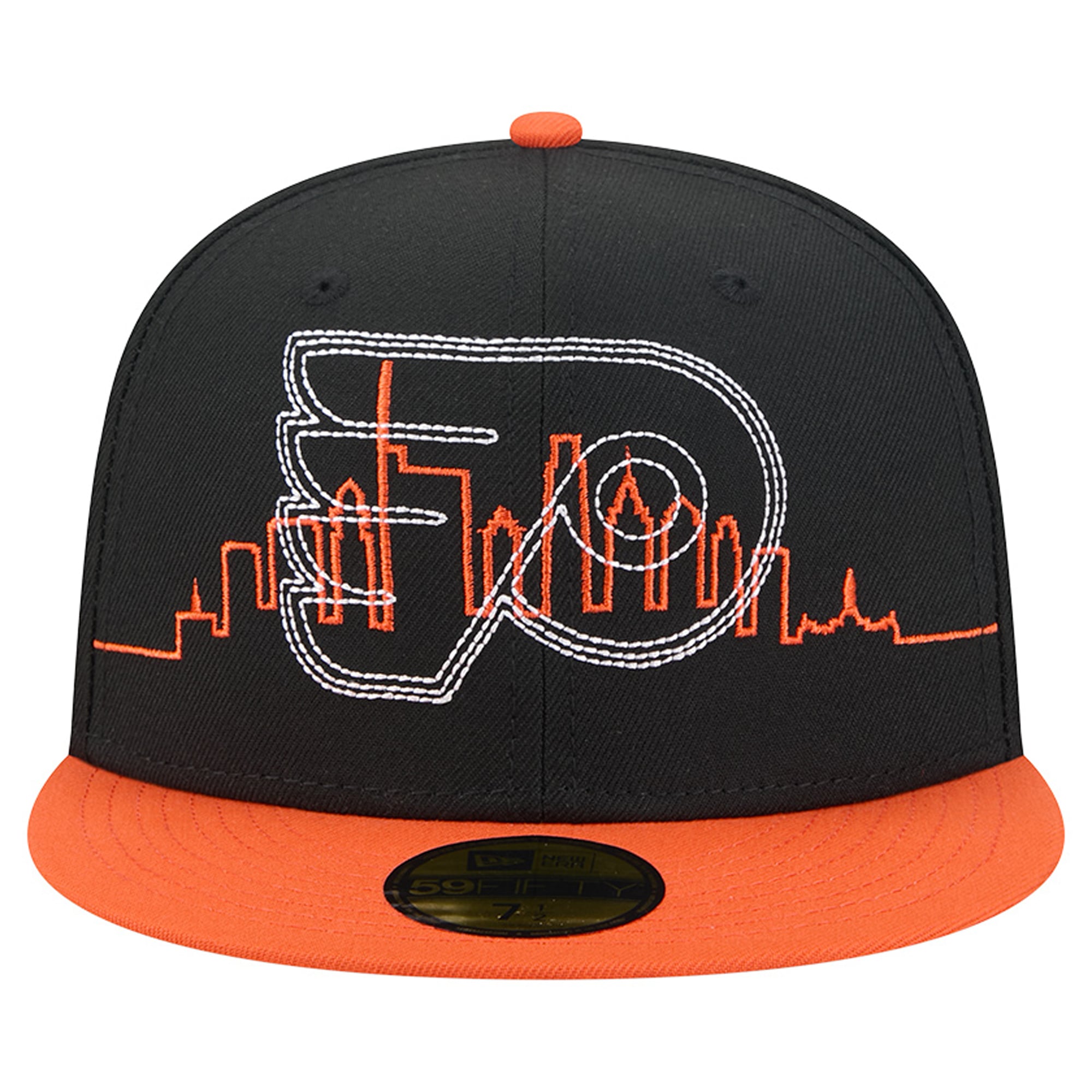 Casquette ajustée New Era 59FIFTY pour homme, noire et orange, avec logo des Flyers de Philadelphie surpiqûres décoratives.
