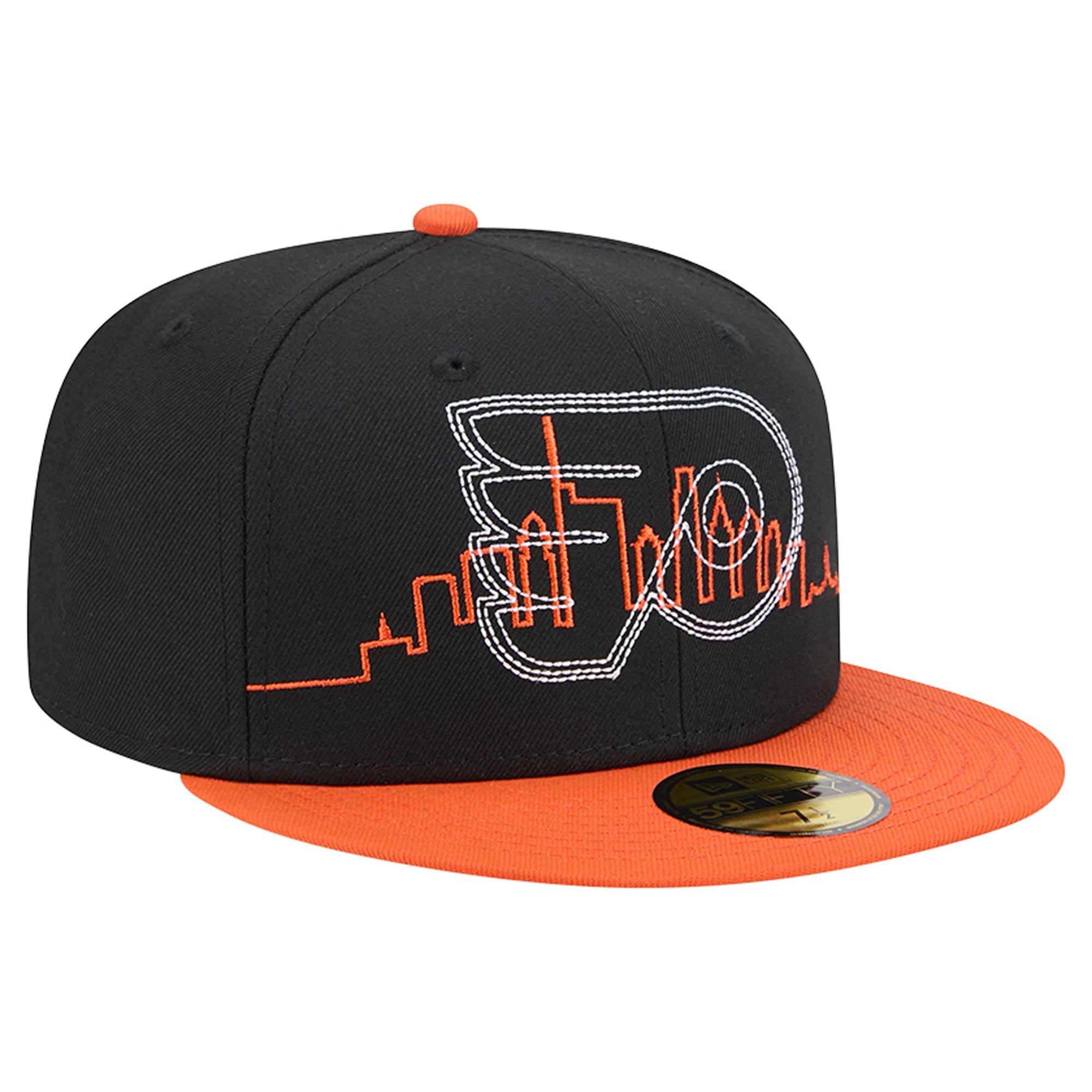 Casquette ajustée New Era 59FIFTY pour homme, noire et orange, avec logo des Flyers de Philadelphie surpiqûres décoratives.