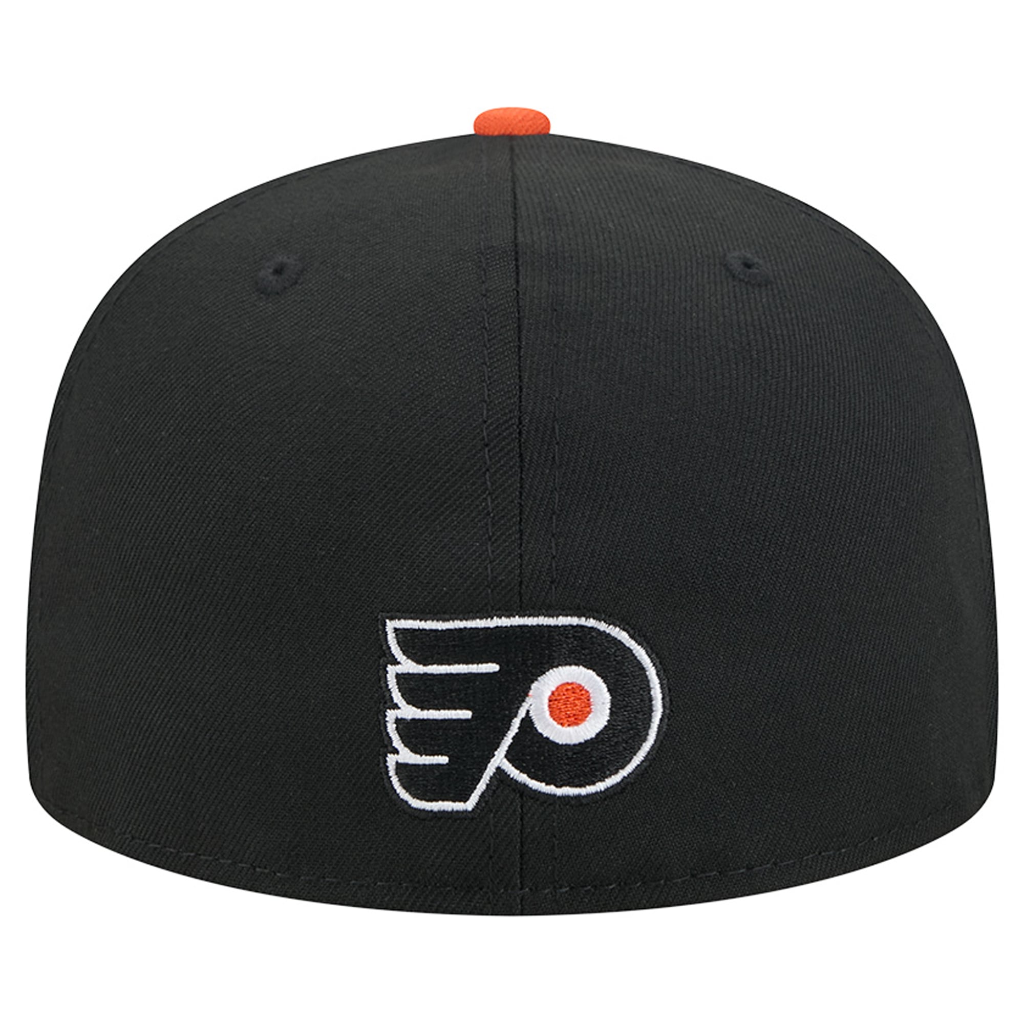 Casquette ajustée New Era 59FIFTY pour homme, noire et orange, avec logo des Flyers de Philadelphie surpiqûres décoratives.