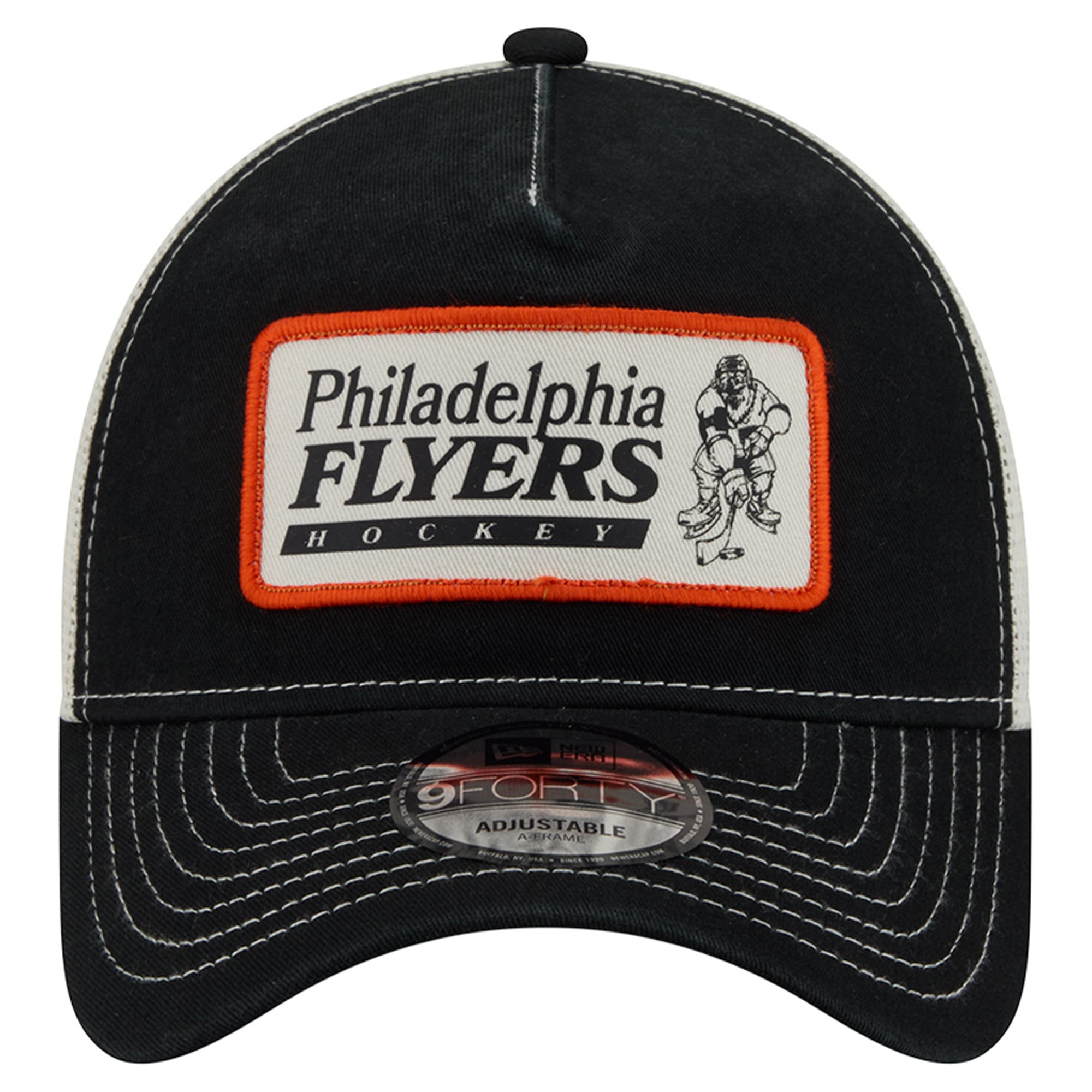 Men's New Era Black/White Philadelphia Flyers Skater Patch A-Frame 9FORTY Adjustable Trucker Hat