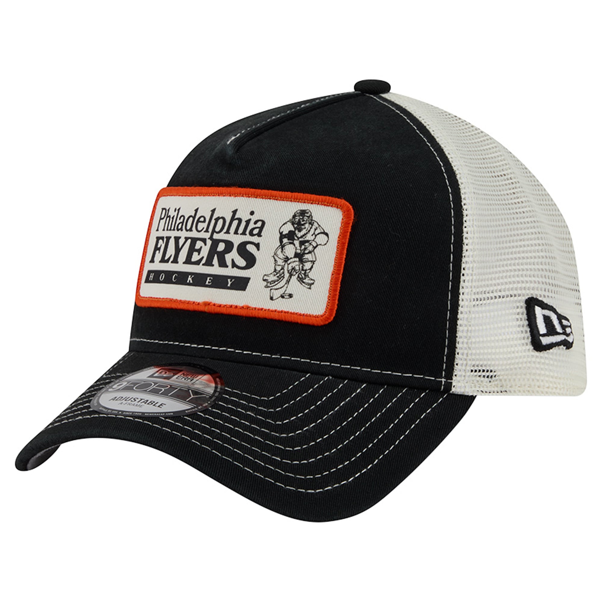 Men's New Era Black/White Philadelphia Flyers Skater Patch A-Frame 9FORTY Adjustable Trucker Hat