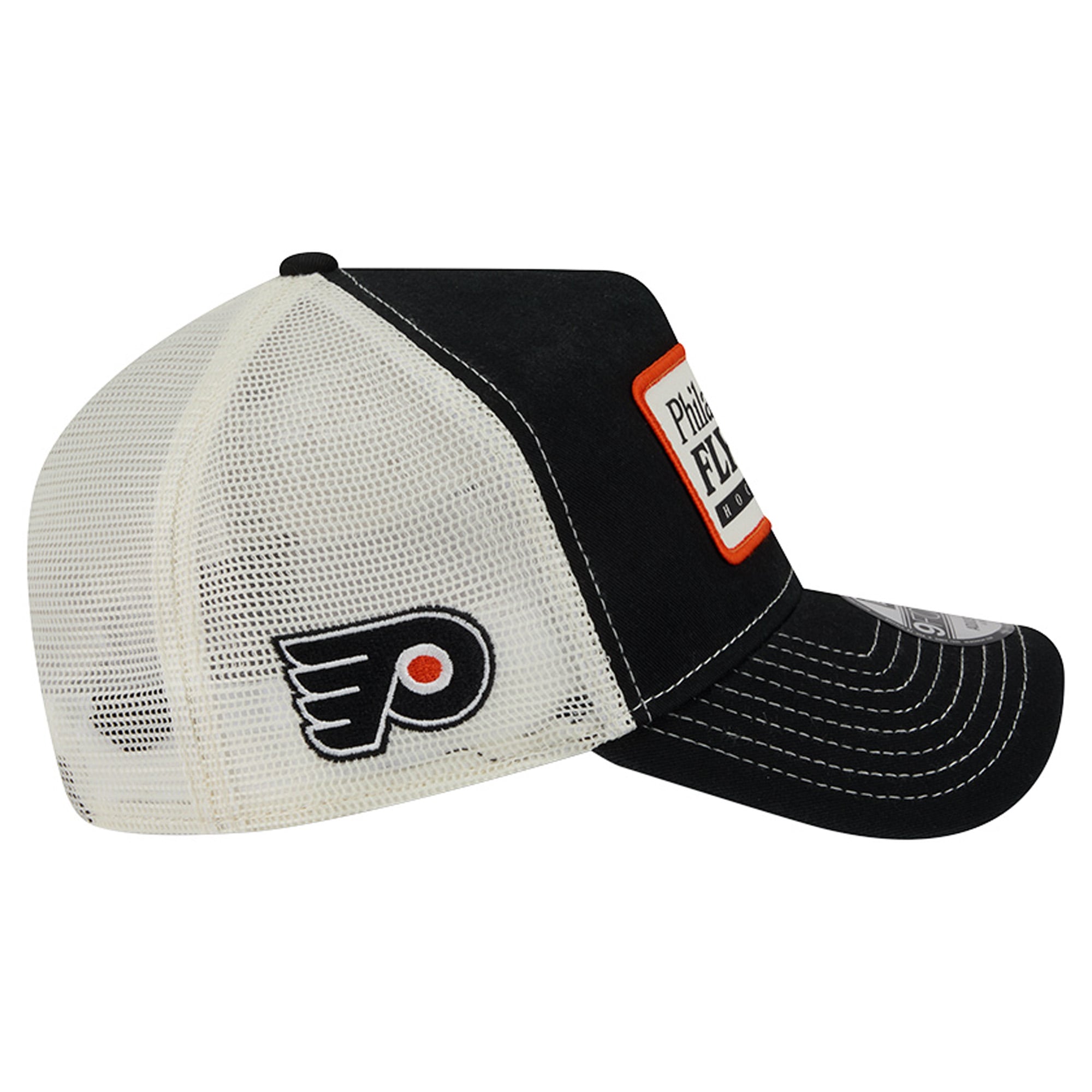 Men's New Era Black/White Philadelphia Flyers Skater Patch A-Frame 9FORTY Adjustable Trucker Hat