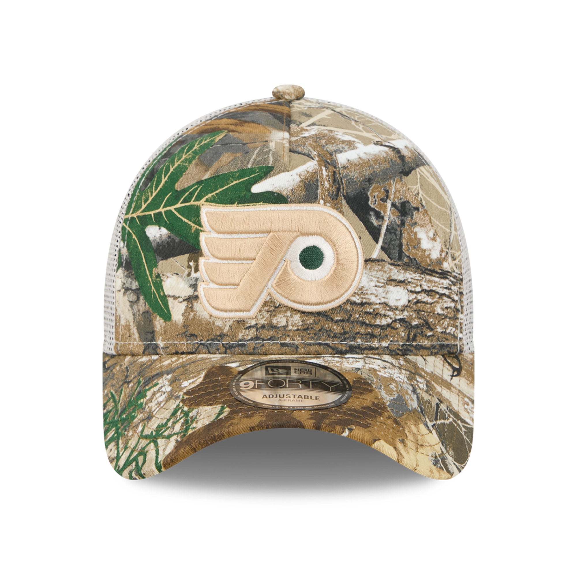 Casquette trucker ajustable New Era camouflage Philadelphia Flyers Real Tree A-Frame 9FORTY pour homme