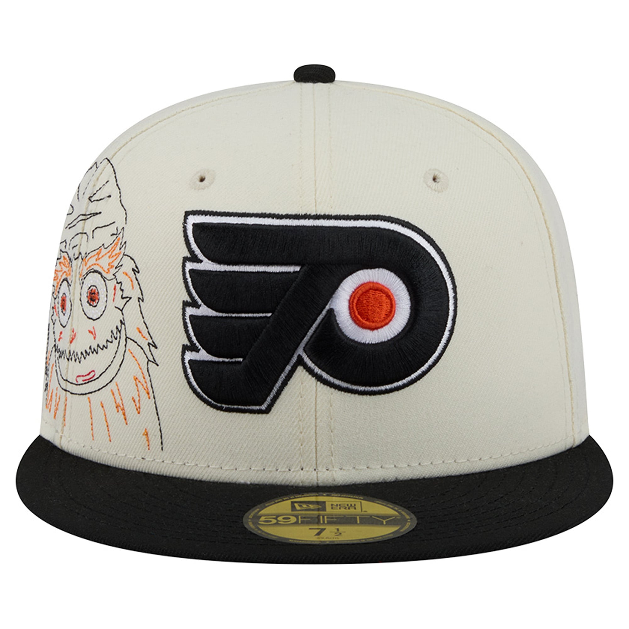 Casquette ajustée New Era 59FIFTY crème/noir pour homme, modèle Philadelphia Flyers, avec coutures personnalisées.