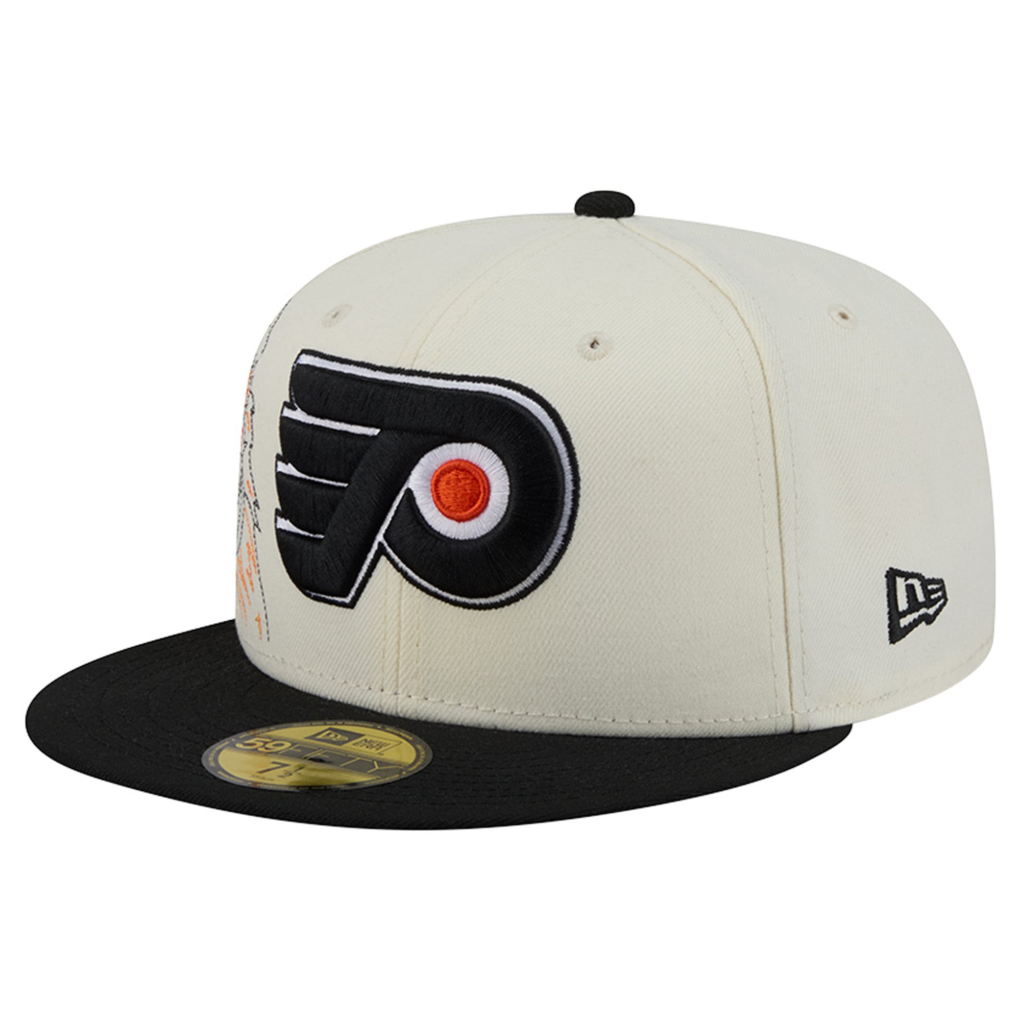 Casquette ajustée New Era 59FIFTY crème/noir pour homme, modèle Philadelphia Flyers, avec coutures personnalisées.