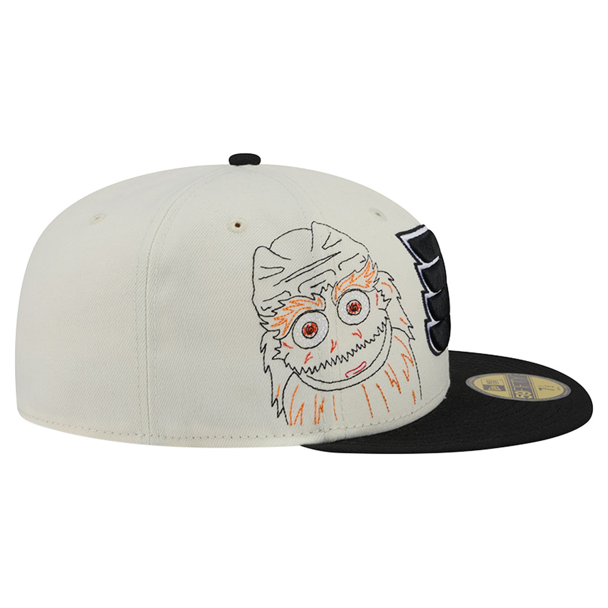 Casquette ajustée New Era 59FIFTY crème/noir pour homme, modèle Philadelphia Flyers, avec coutures personnalisées.