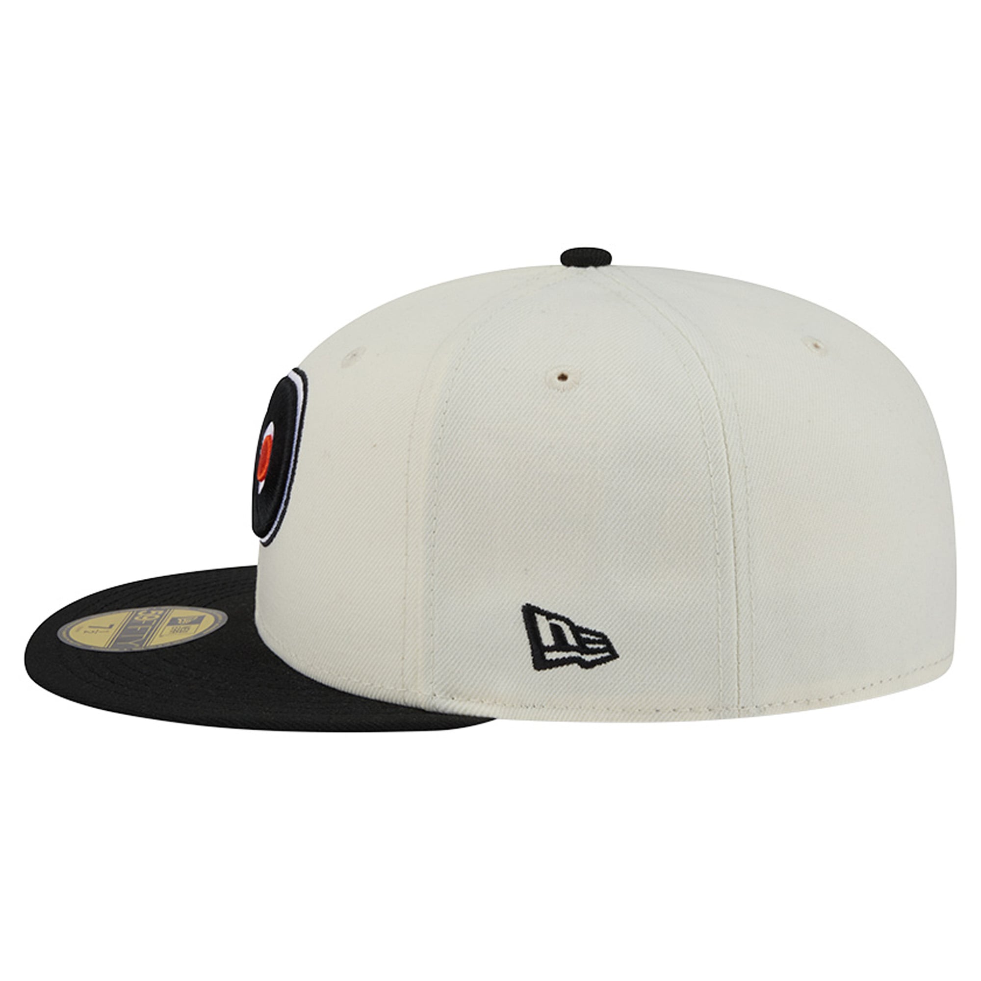 Casquette ajustée New Era 59FIFTY crème/noir pour homme, modèle Philadelphia Flyers, avec coutures personnalisées.