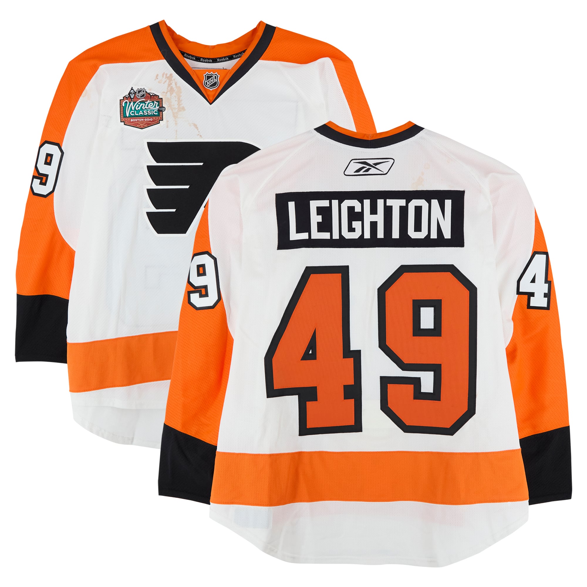 Maillot blanc n° 49 porté par Michael Leighton des Flyers de Philadelphie lors d'un match d'entraînement contre les Bruins de Boston le 1er janvier 2010