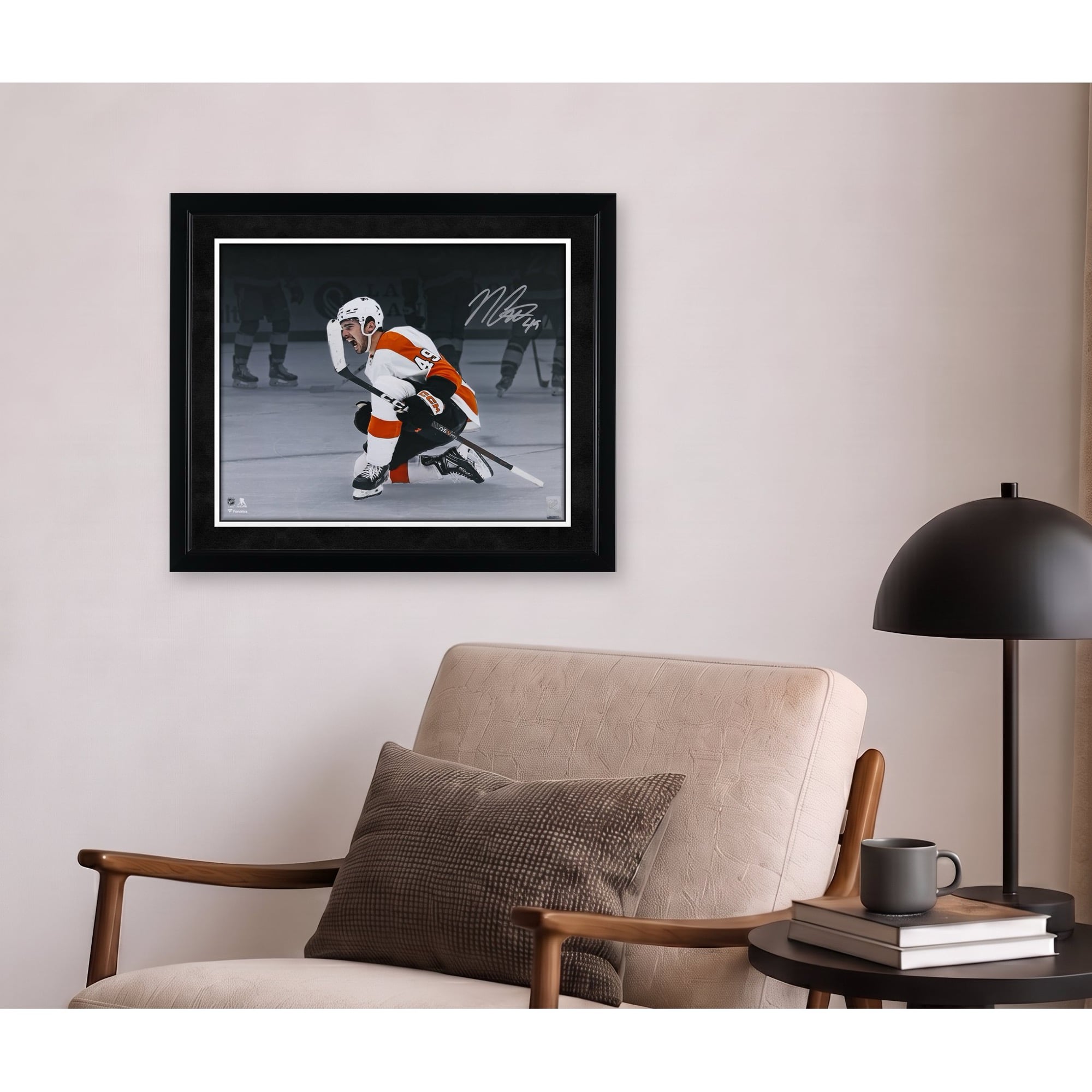 Noah Cates Philadelphia Flyers Autographed 16" x 20" White Jersey Celebrating Spotlight Photograph