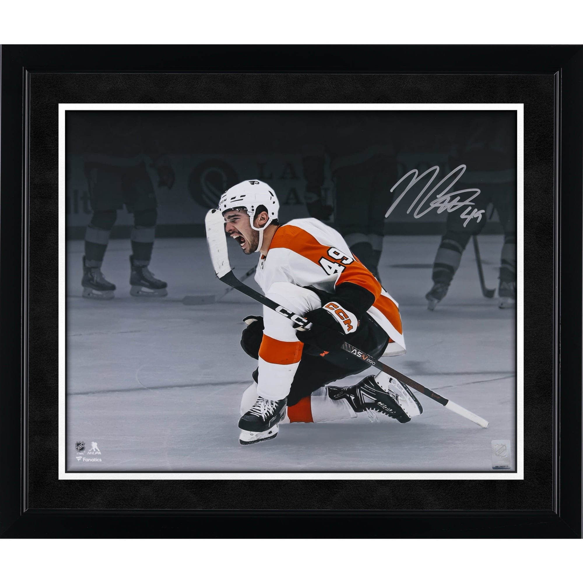 Noah Cates Philadelphia Flyers Autographed 16" x 20" White Jersey Celebrating Spotlight Photograph