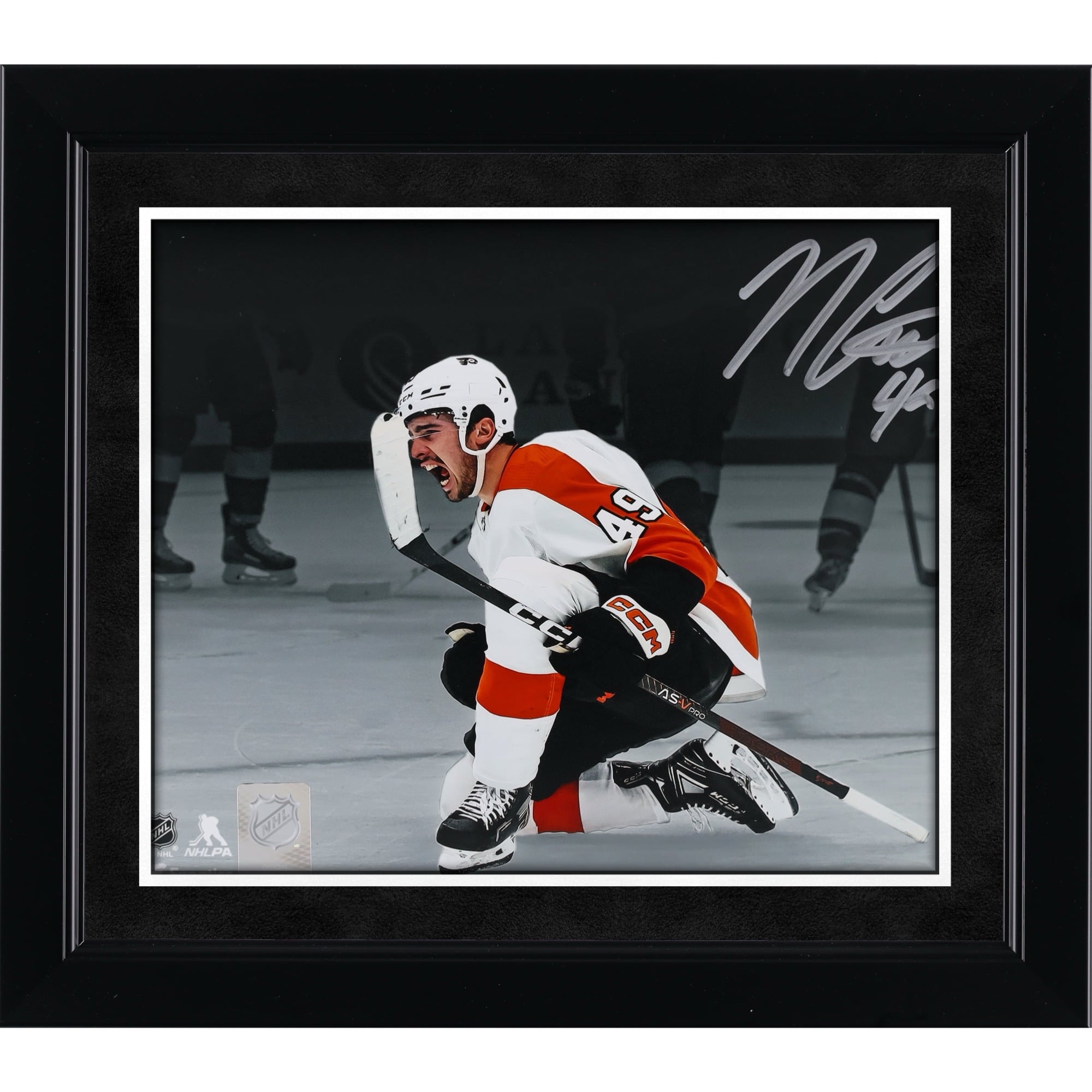 Noah Cates Philadelphia Flyers Autographed 8" x 10" White Jersey Celebrating Spotlight Photograph