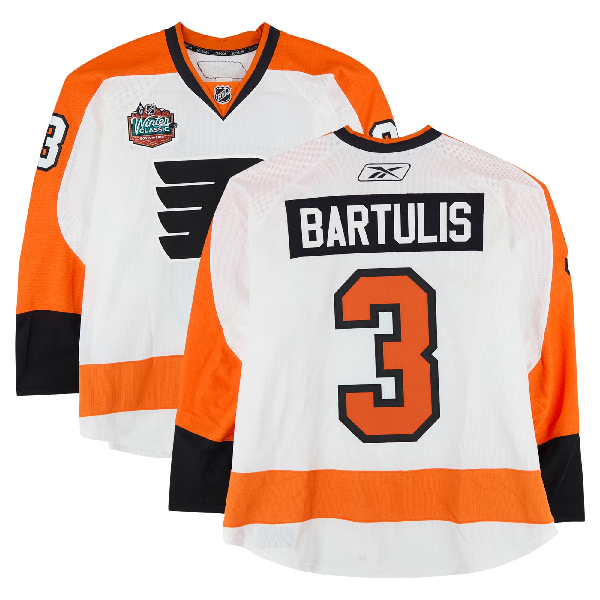 Maillot blanc n° 3 porté par Oskars Bartulis des Flyers de Philadelphie lors du match d'entraînement contre les Bruins de Boston le 1er janvier 2010