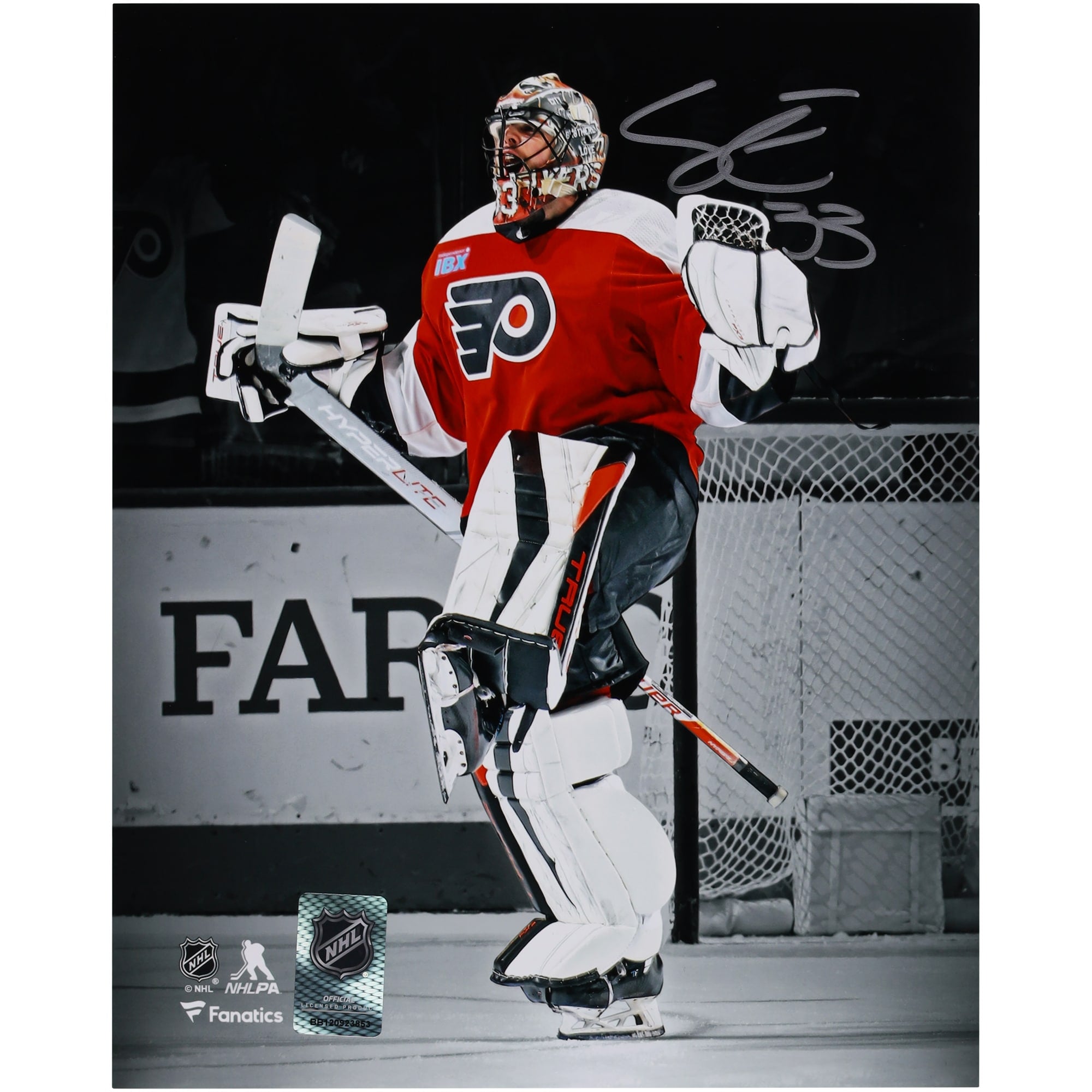 Samuel Ersson Philadelphia Flyers Autographed 8" x 10" Orange Jersey Celebrating Spotlight Photograph