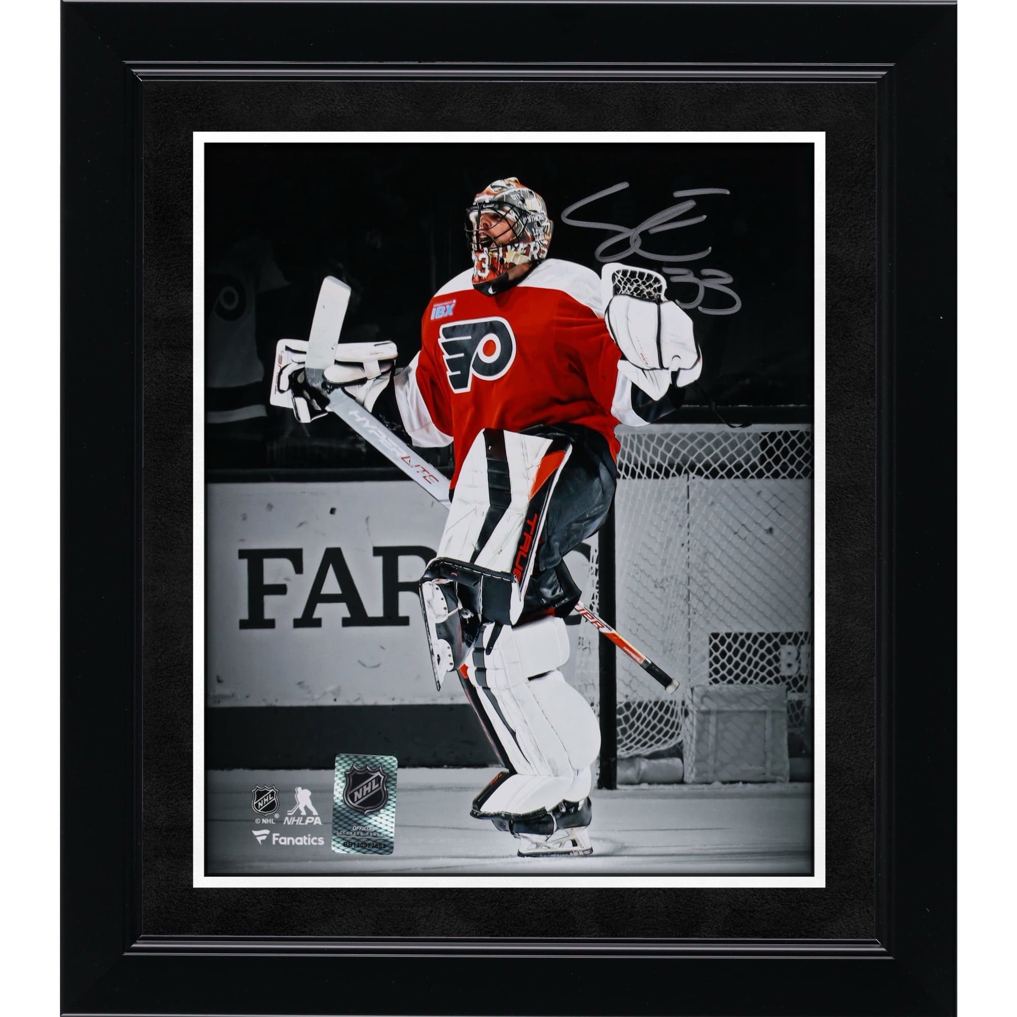 Samuel Ersson Philadelphia Flyers Autographed 8" x 10" Orange Jersey Celebrating Spotlight Photograph