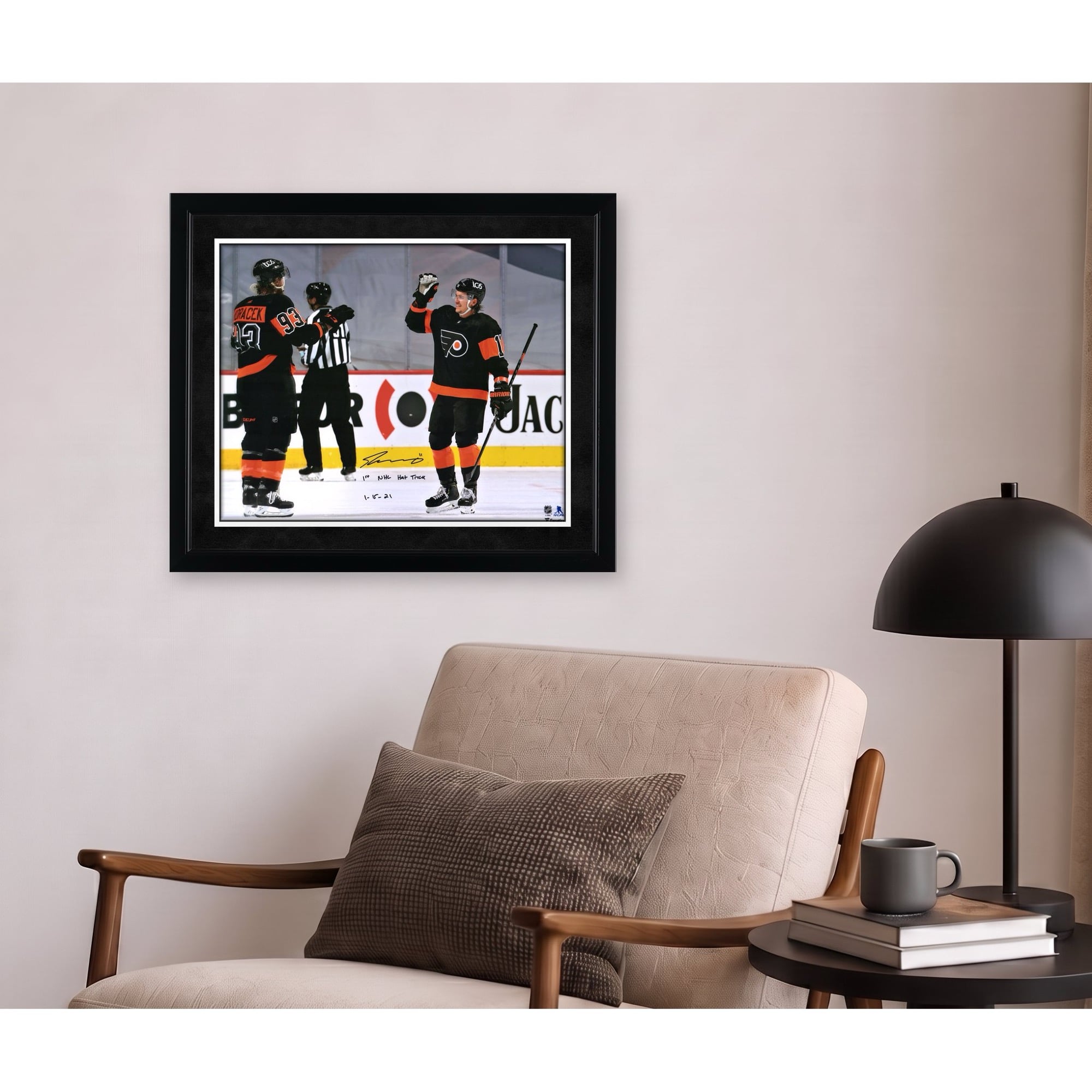 Travis Konecny Philadelphia Flyers Autographed 16" x 20" Hat Trick Celebration Photograph with "1st NHL Hat Trick 1/15/21" Inscription