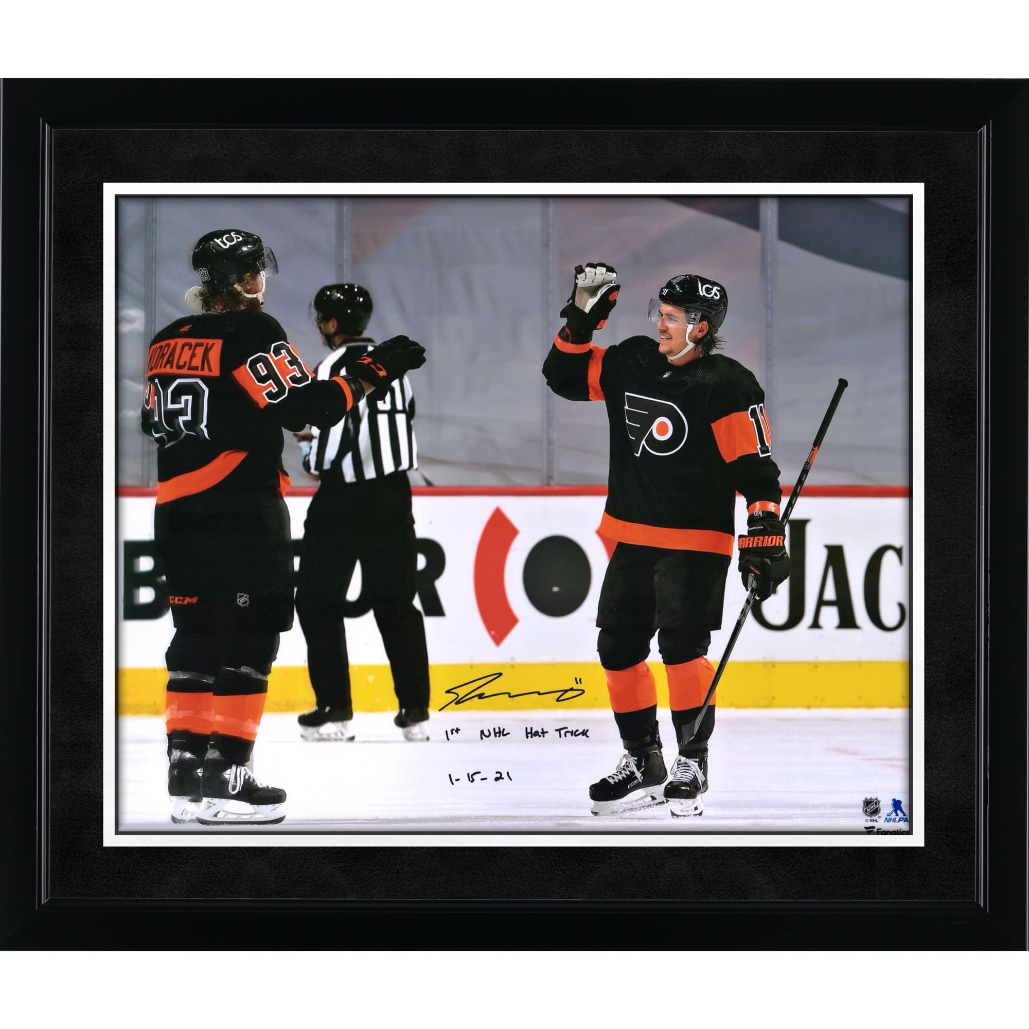 Travis Konecny Philadelphia Flyers Autographed 16" x 20" Hat Trick Celebration Photograph with "1st NHL Hat Trick 1/15/21" Inscription