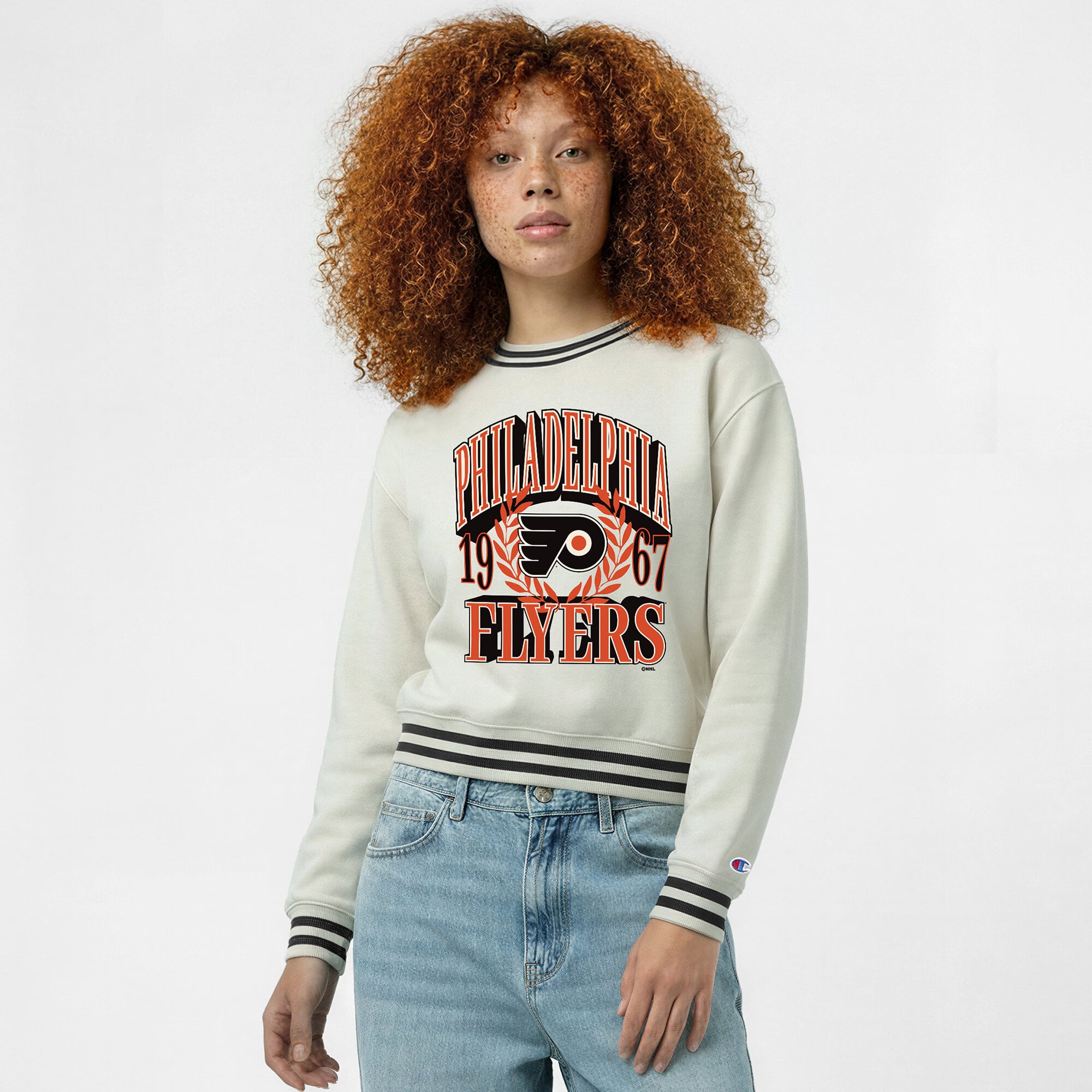 Sweat-shirt Champion crème pour femme, motif lauriers audacieux des Flyers de Philadelphie, en fil tissé inversé.