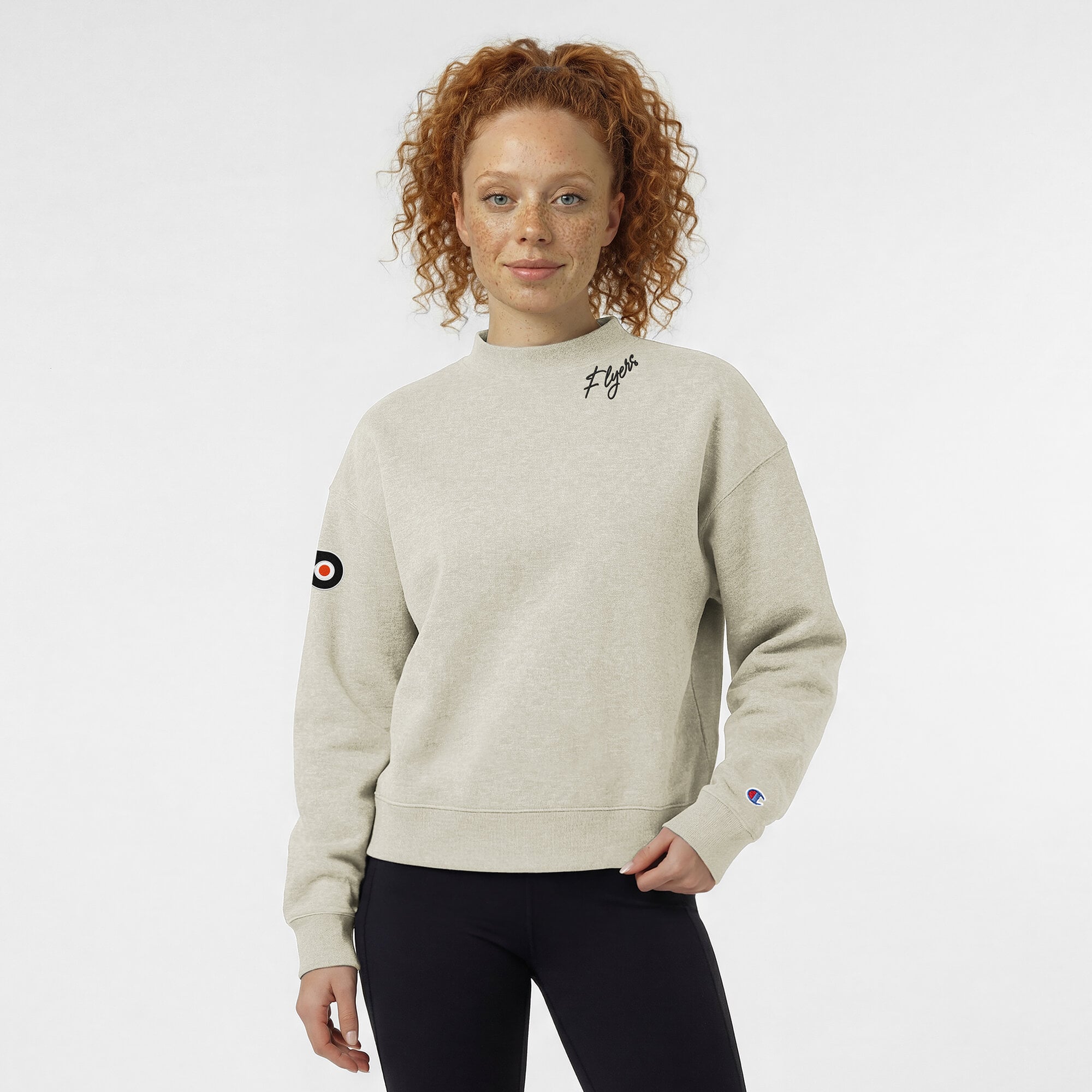 Women's Champion  Oatmeal Philadelphia Flyers Collar Script Triumph Tri-Blend Fleece Sweatshirt