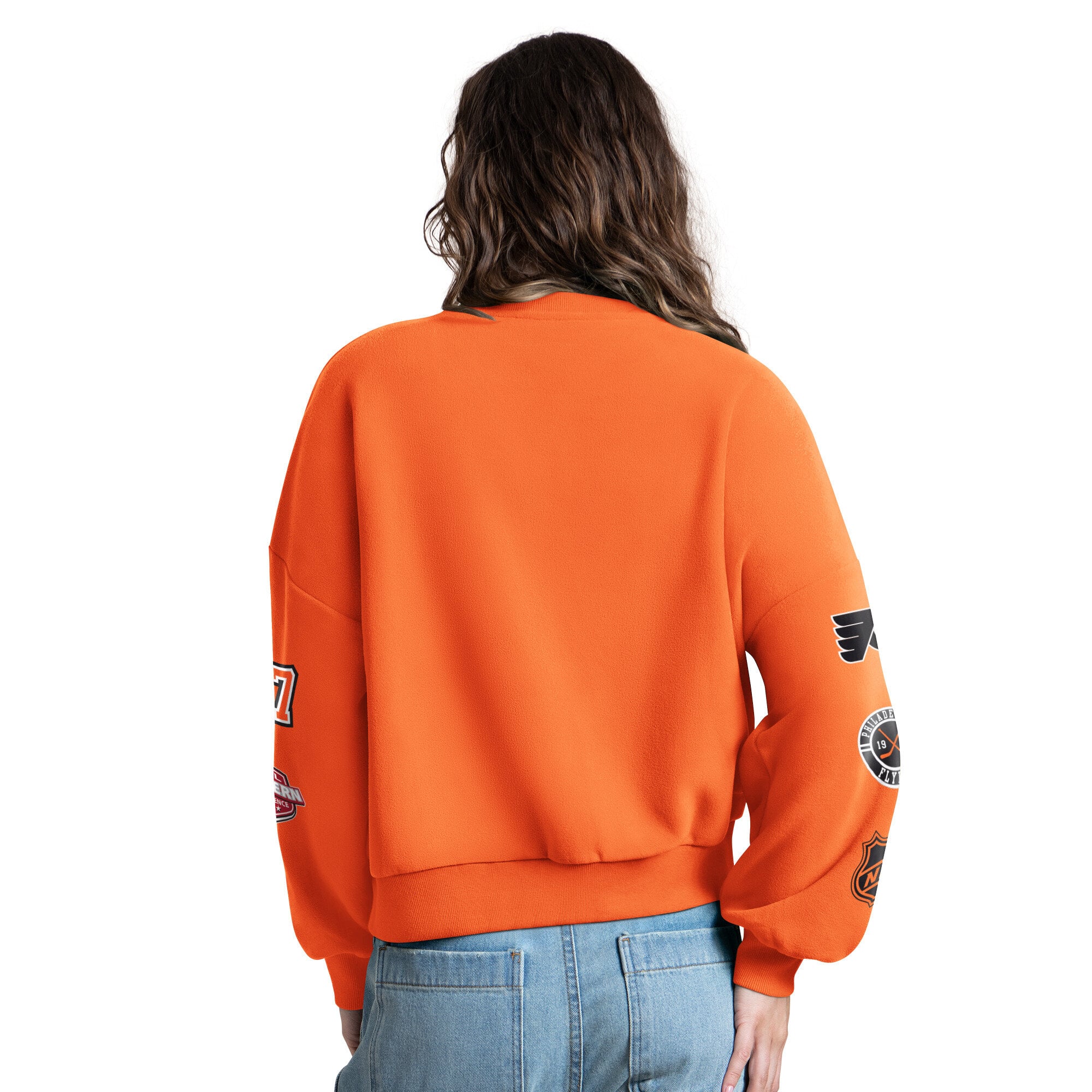 Sweat-shirt Starter Orange pour femme, motif imprimé appliqué sur les manches, style fan des Flyers de Philadelphie