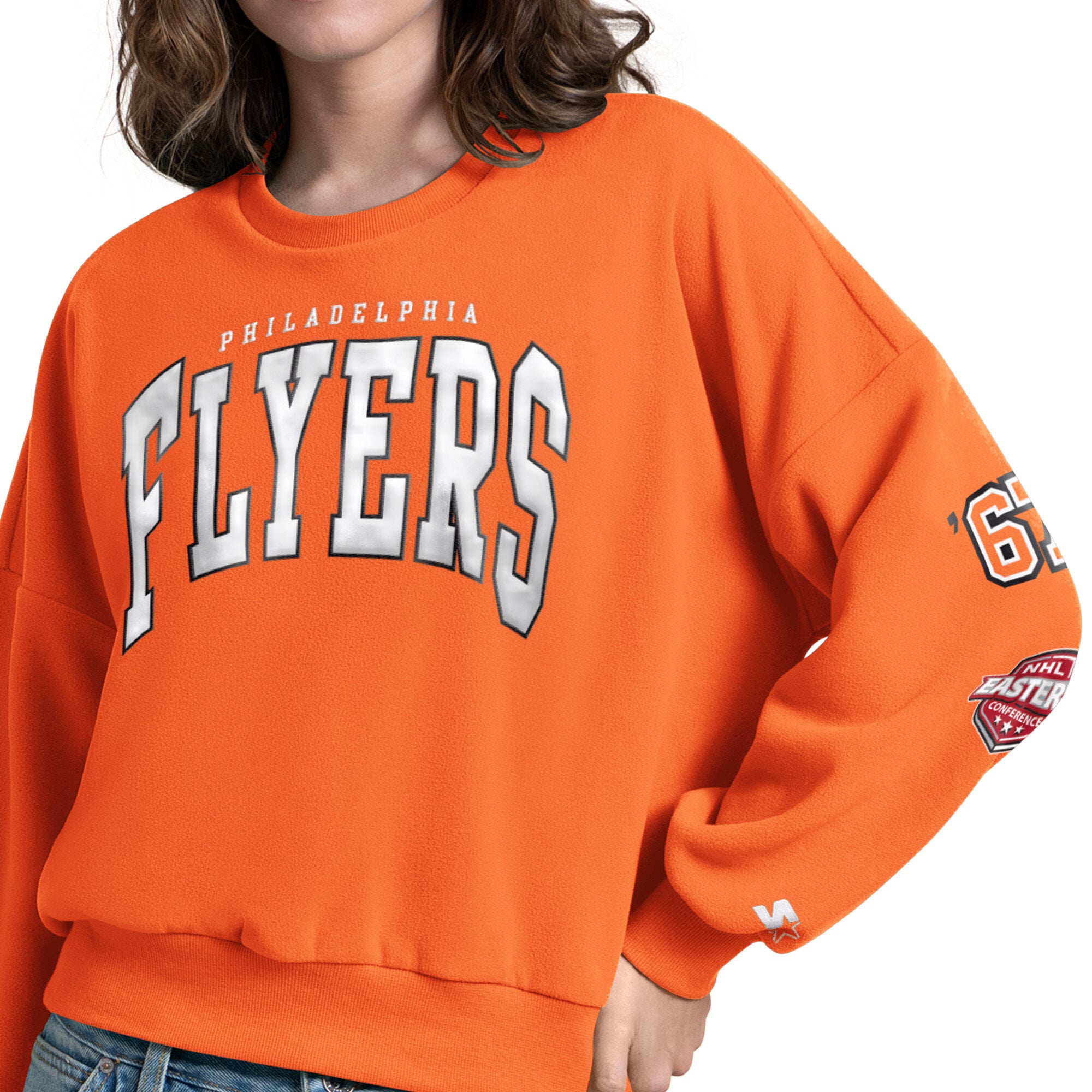Sweat-shirt Starter Orange pour femme, motif imprimé appliqué sur les manches, style fan des Flyers de Philadelphie