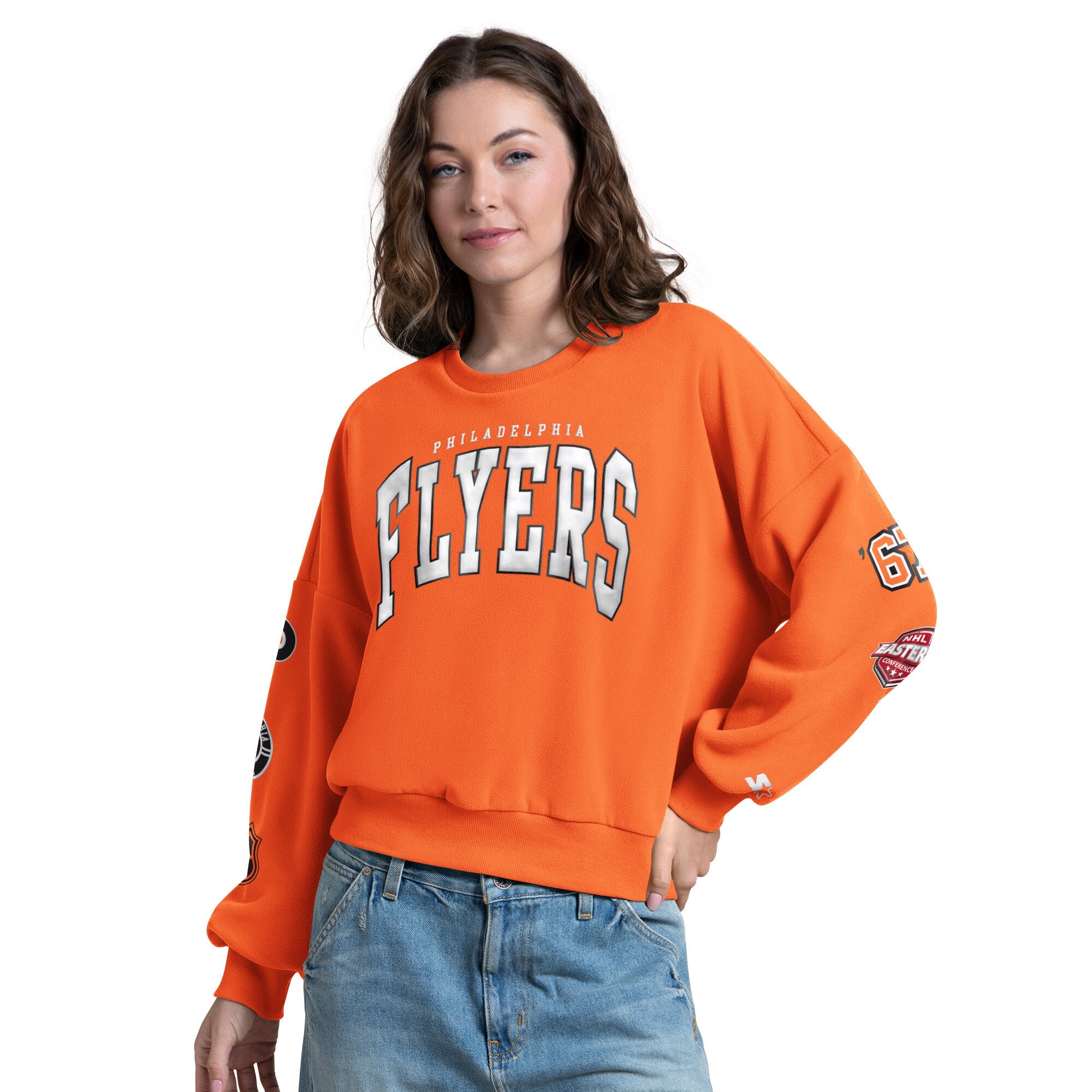 Sweat-shirt Starter Orange pour femme, motif imprimé appliqué sur les manches, style fan des Flyers de Philadelphie