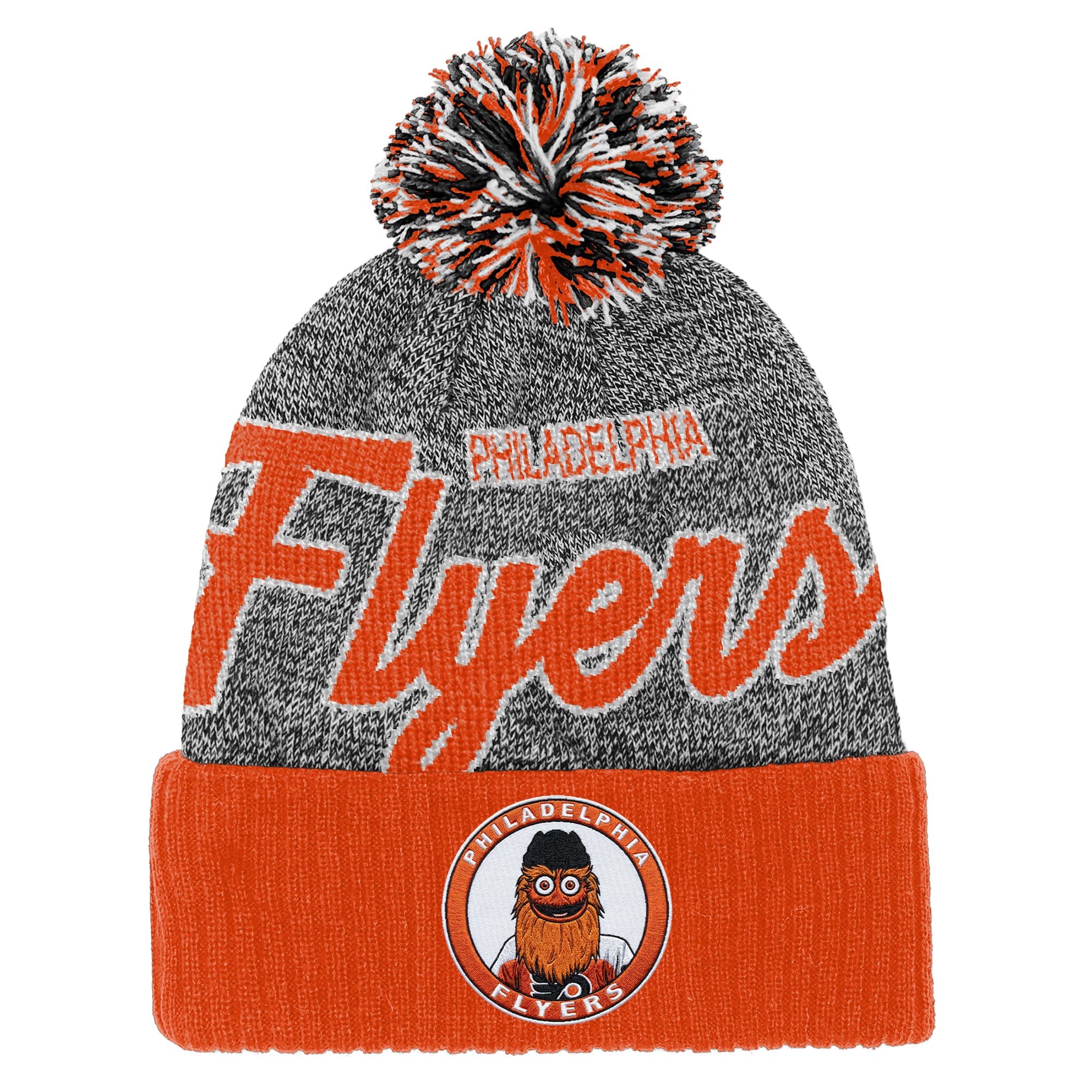 Bonnet à revers Mitchell & Ness orange et gris à l'effigie de la mascotte des Flyers de Philadelphie, avec pompon.
