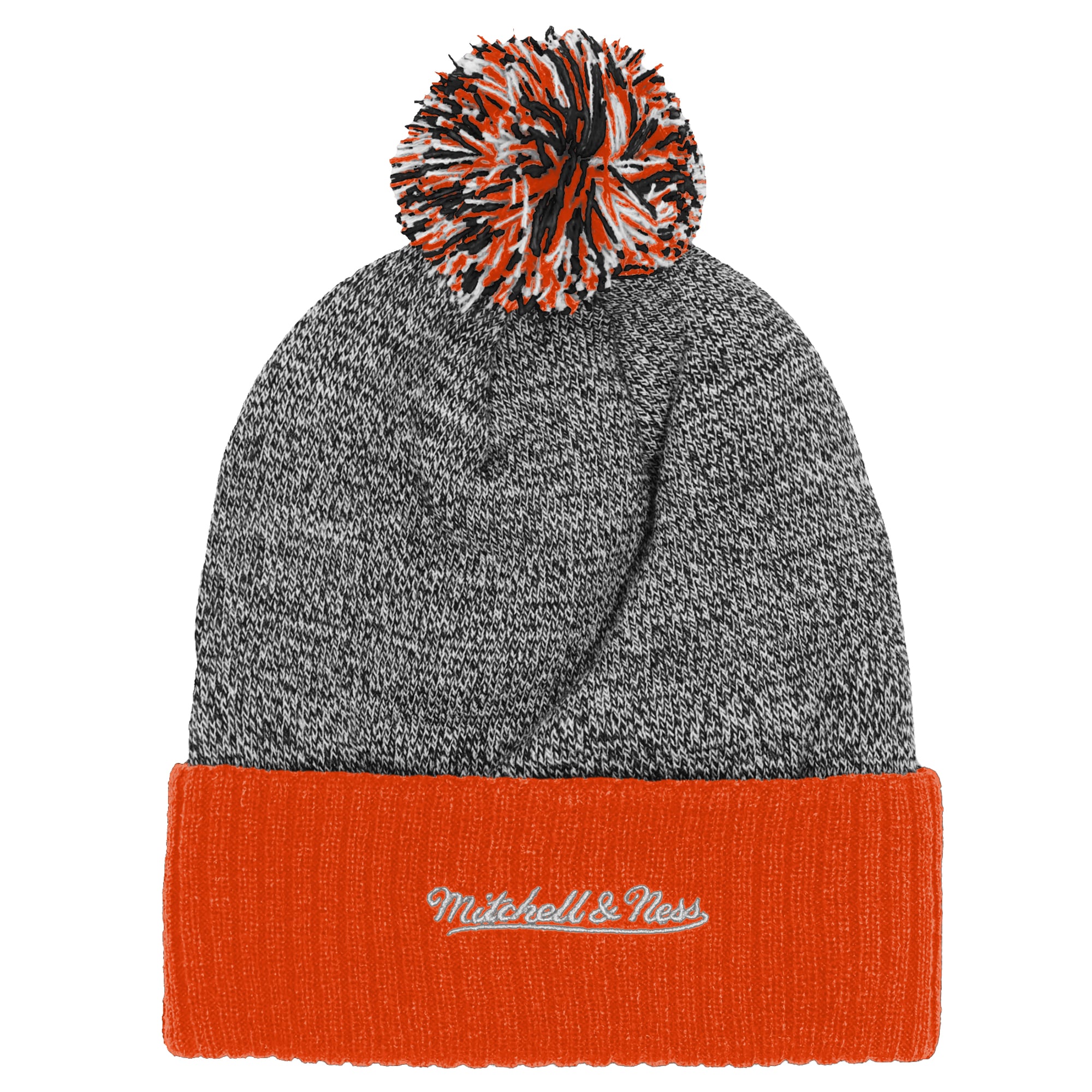 Bonnet à revers Mitchell & Ness orange et gris à l'effigie de la mascotte des Flyers de Philadelphie, avec pompon.