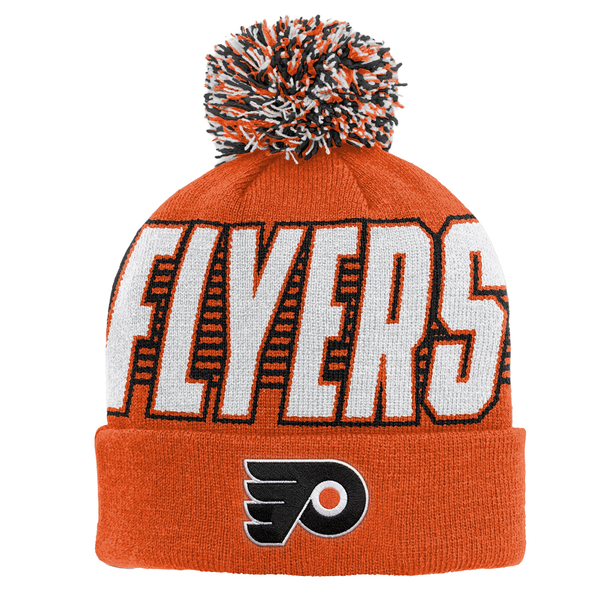 Bonnet tricoté à revers orange Philadelphia Flyers pour enfant, de la marque Outerstuff, avec pompon.