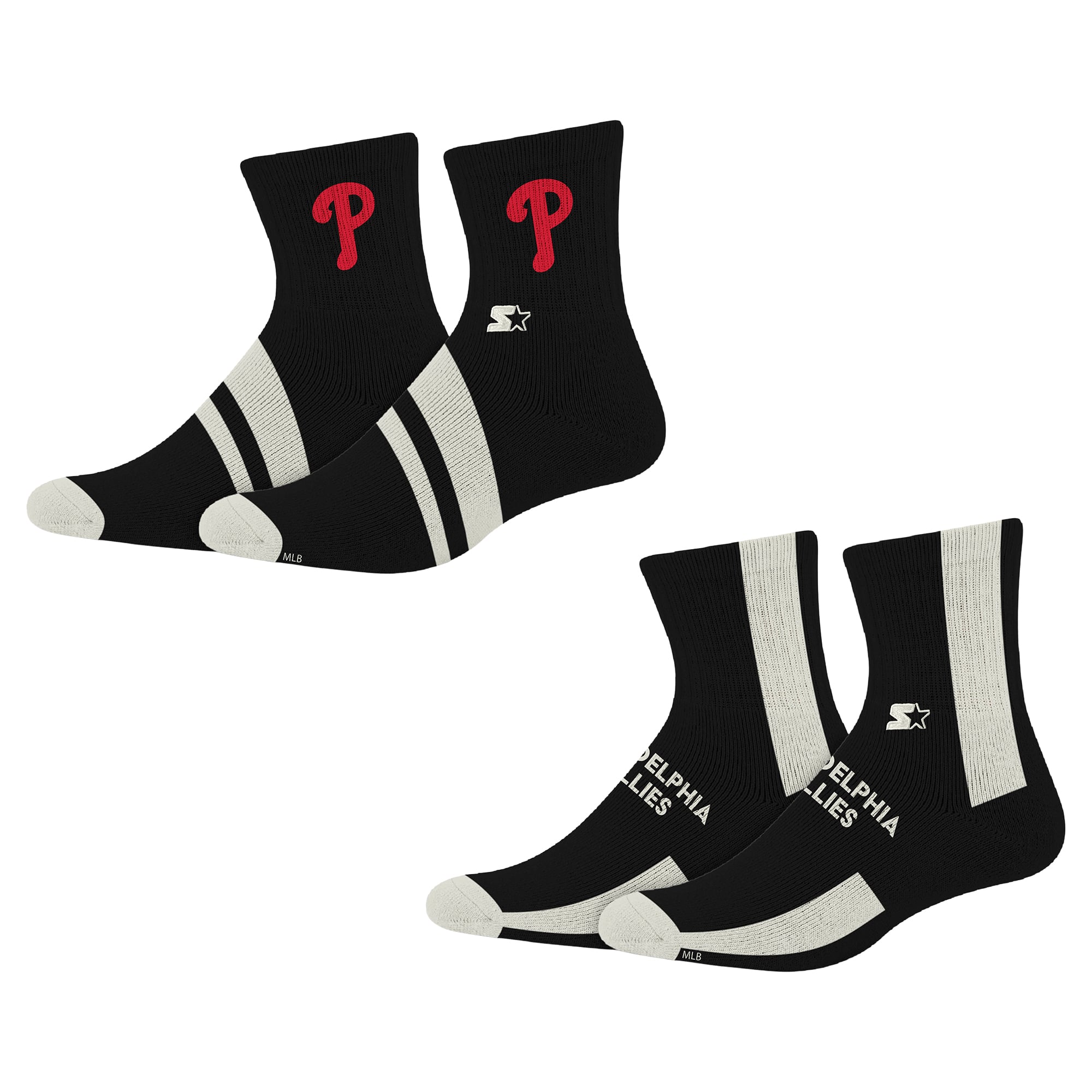 Chaussettes Starter noires Philadelphia Phillies Summit Stripe, lot de 2 paires