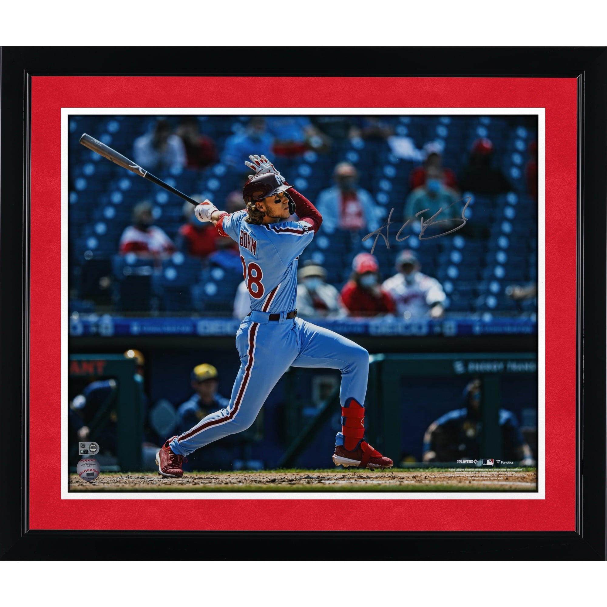 Alec Bohm Philadelphia Phillies Autographed 16" x 20" Swinging Bat Light Blue Jersey