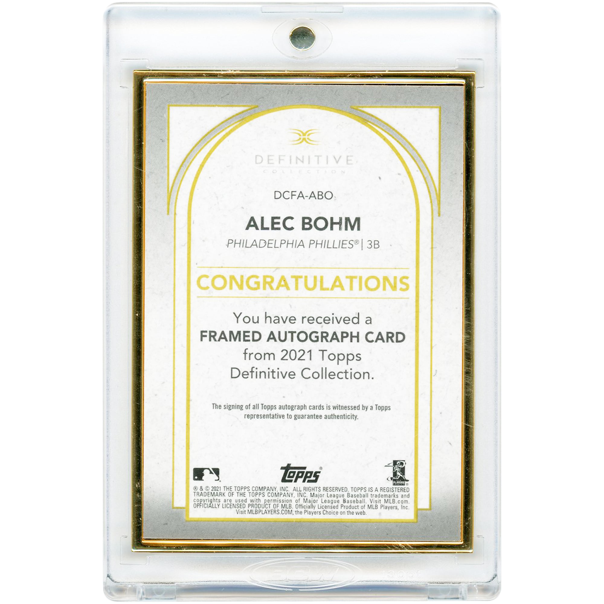 Alec Bohm Philadelphia Phillies Autographed 2021 Topps Definitive Collection Gold Framed #DCFA-ABO #7/30 Rookie Card
