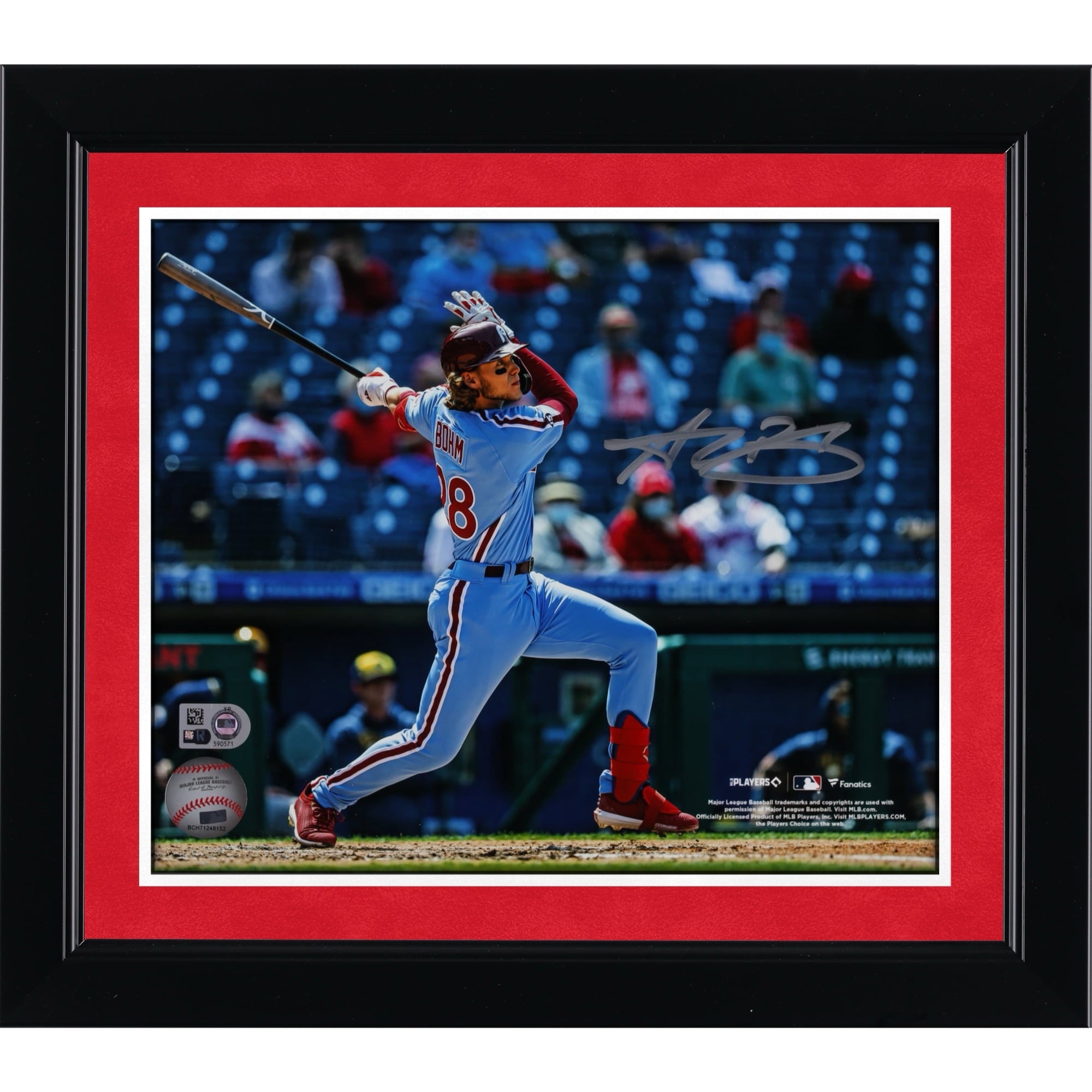 Alec Bohm Philadelphia Phillies Autographed 8" x 10" Swinging Bat Light Blue Jersey