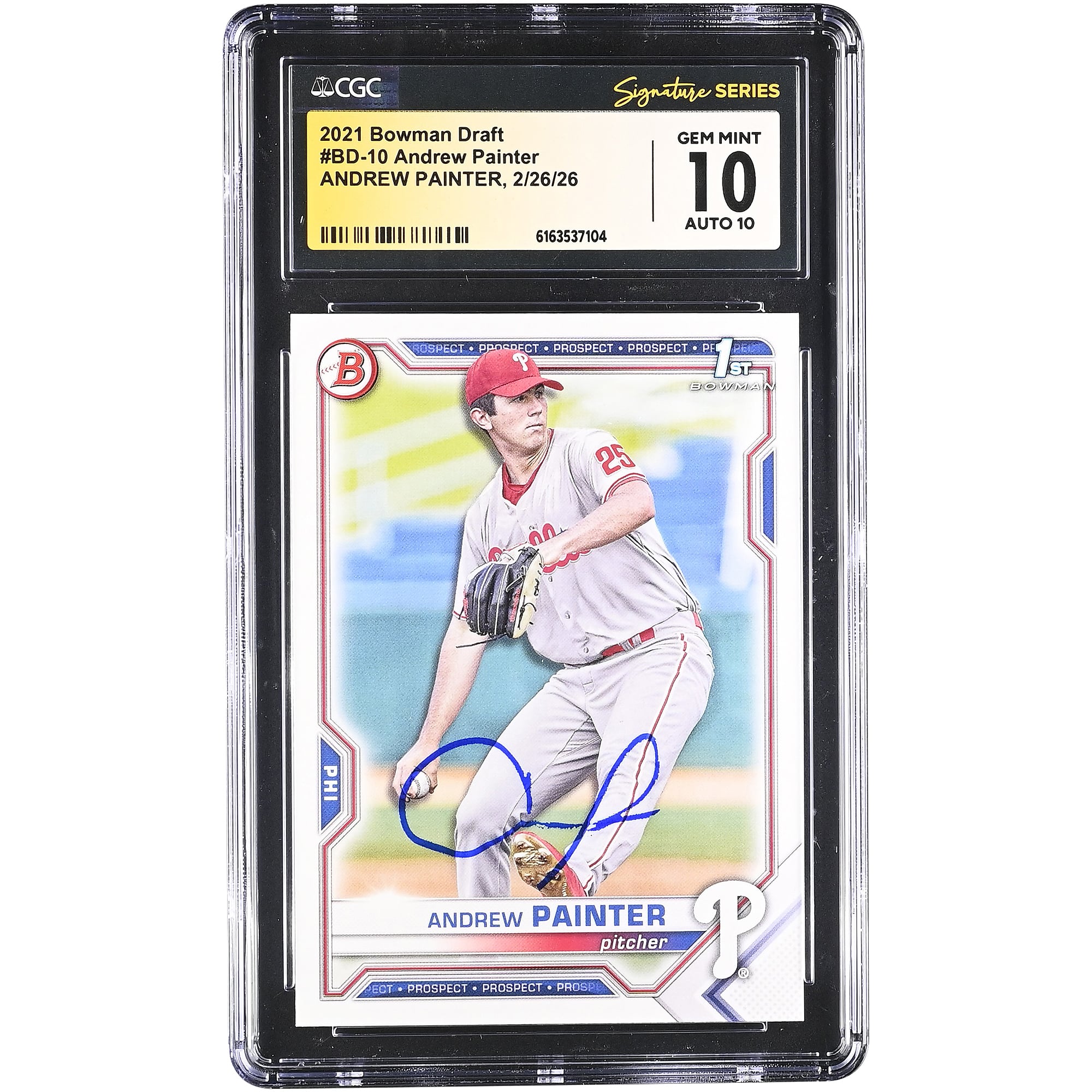 Carte autographiée par Andrew Painter (Phillies de Philadelphie), repêchage Bowman 2021, numéro BD-10, authentifiée CGC 10/10.